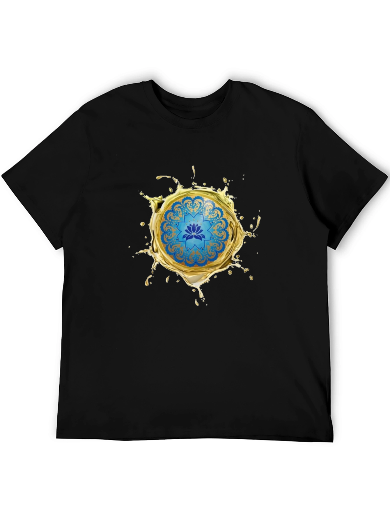 Blue Lotus Mandala Gold Splash Black T-Shirt