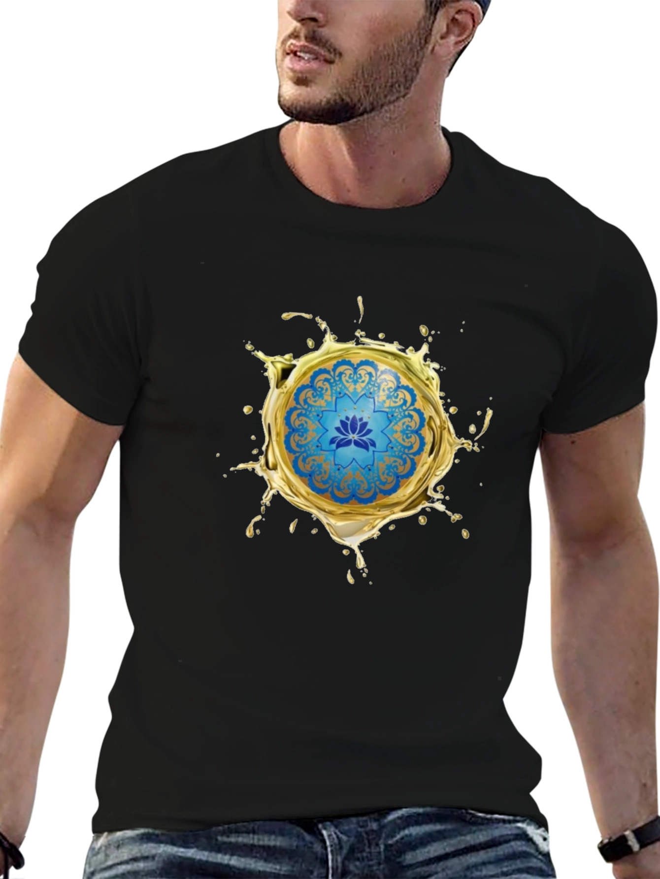 Blue Lotus Mandala Gold Splash Black T-Shirt