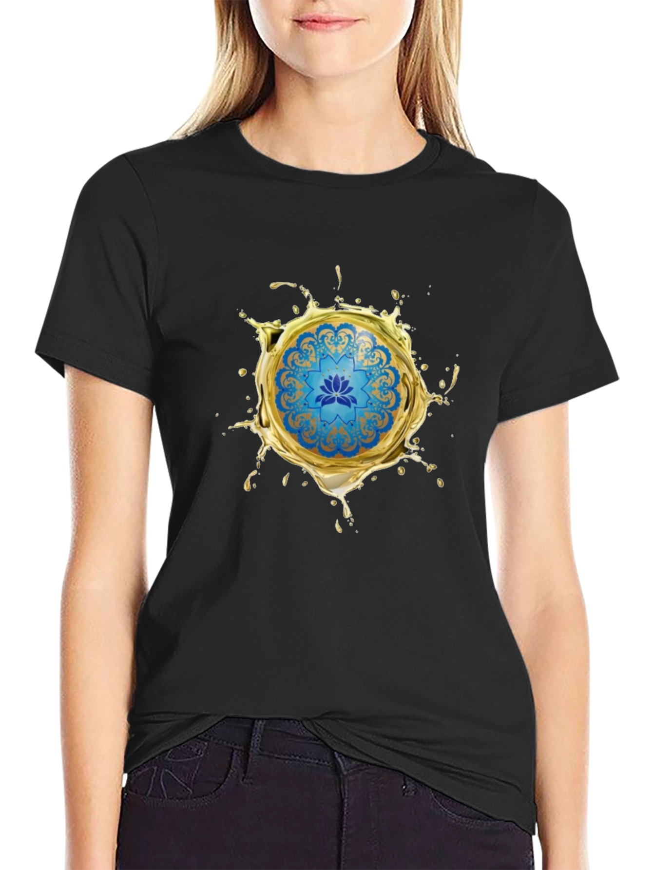 Blue Lotus Mandala Gold Splash Black T-Shirt