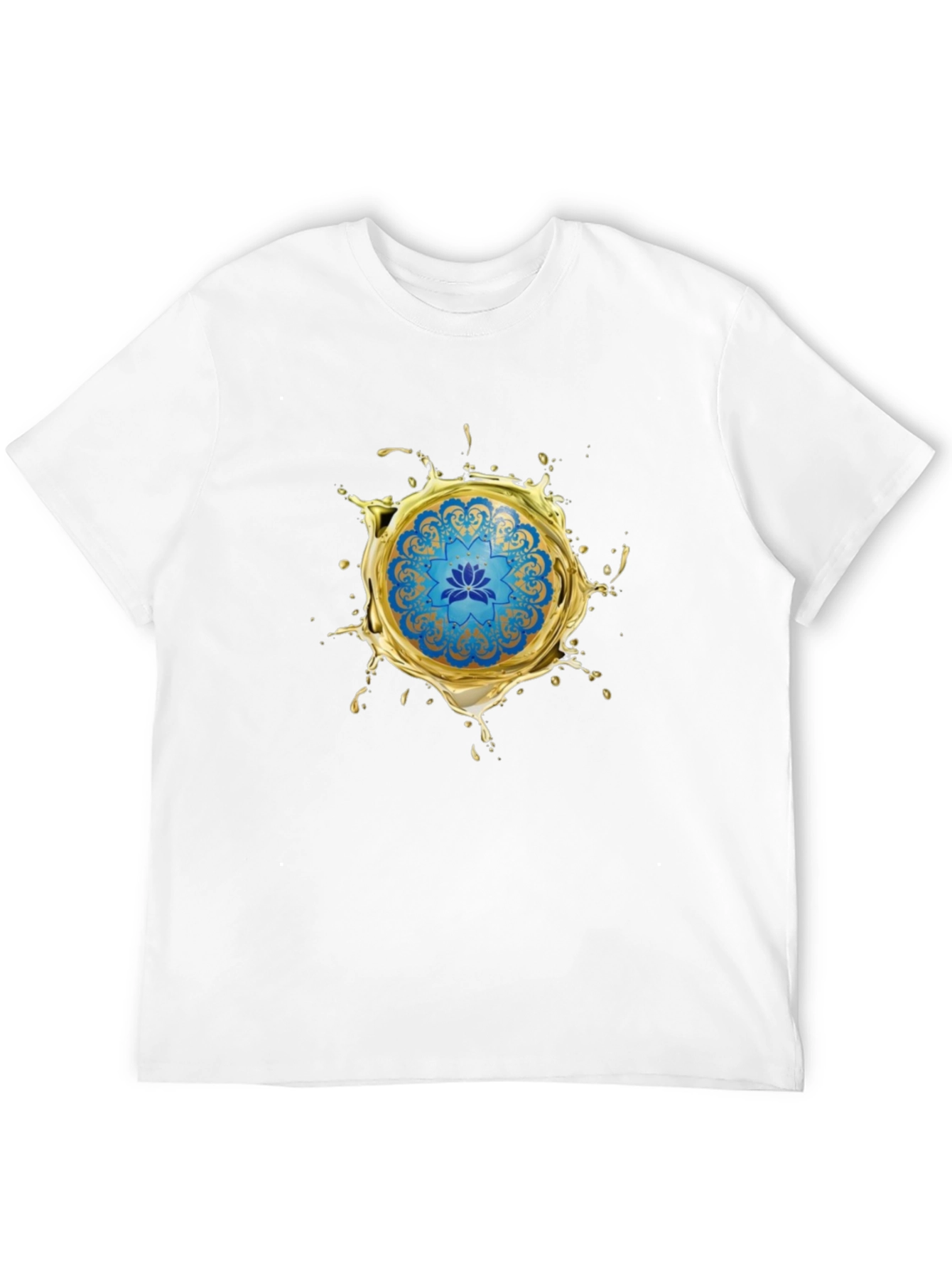 Blue Lotus Mandala Gold Splash Black T-Shirt