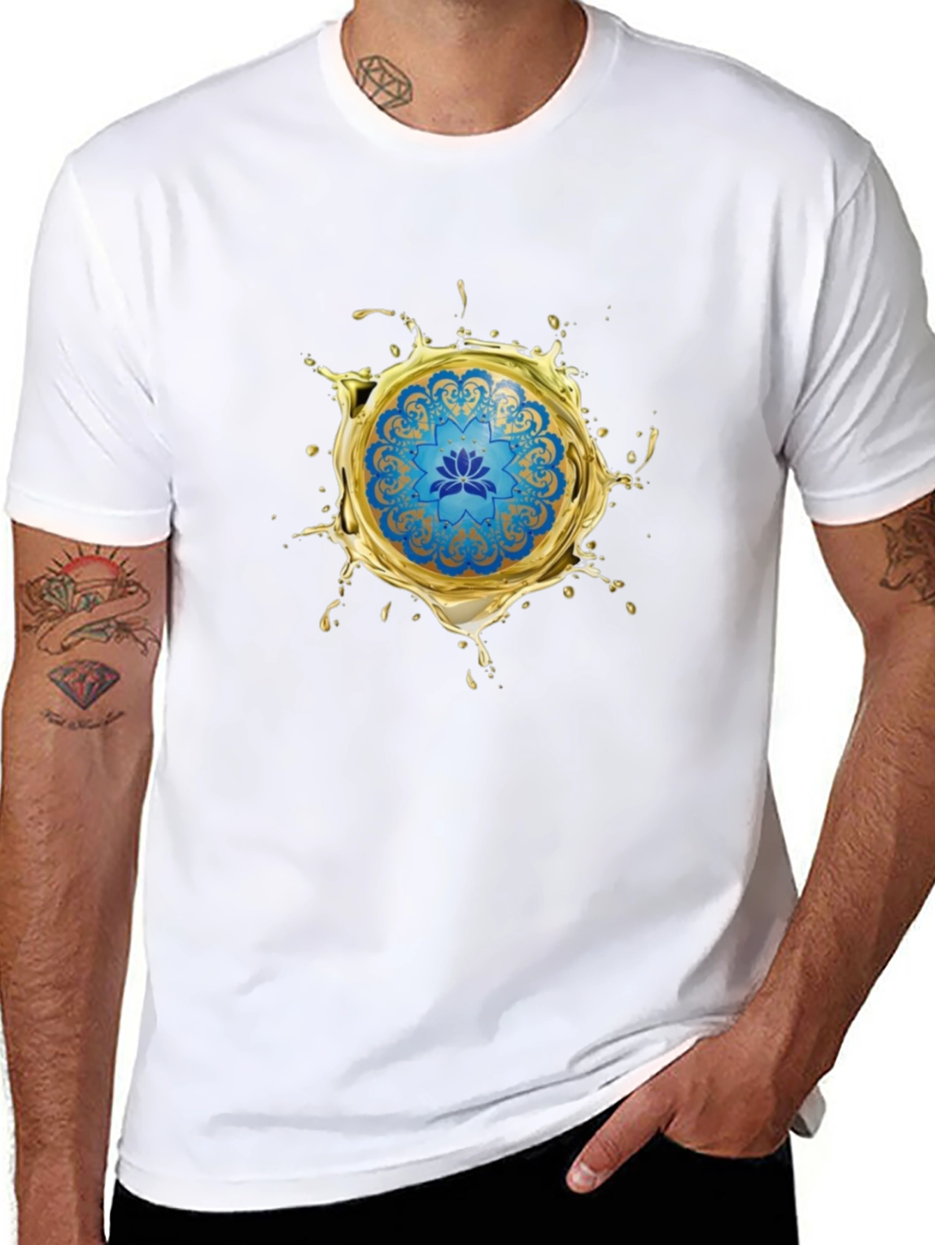 Blue Lotus Mandala Gold Splash Black T-Shirt