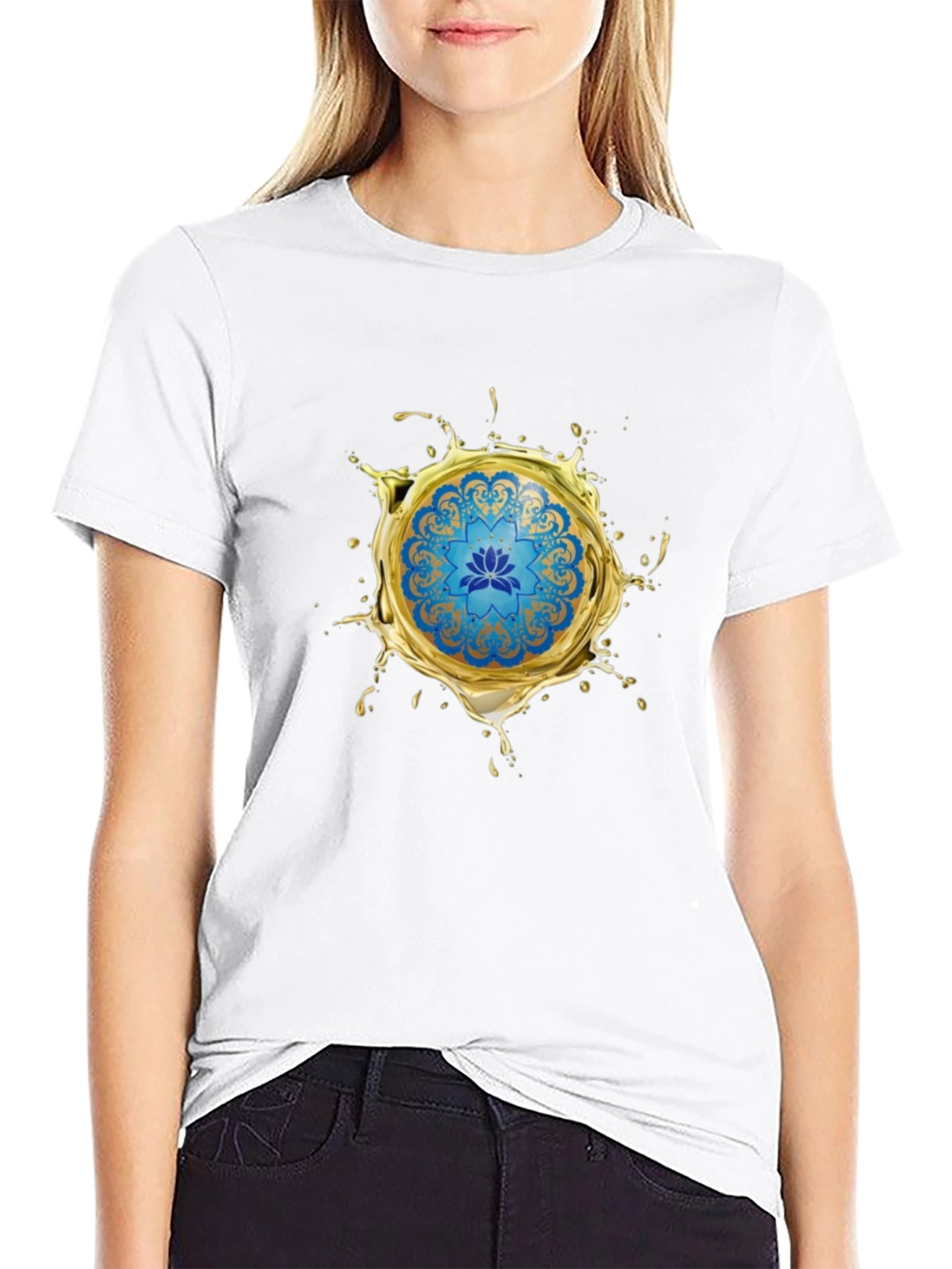 Blue Lotus Mandala Gold Splash Black T-Shirt