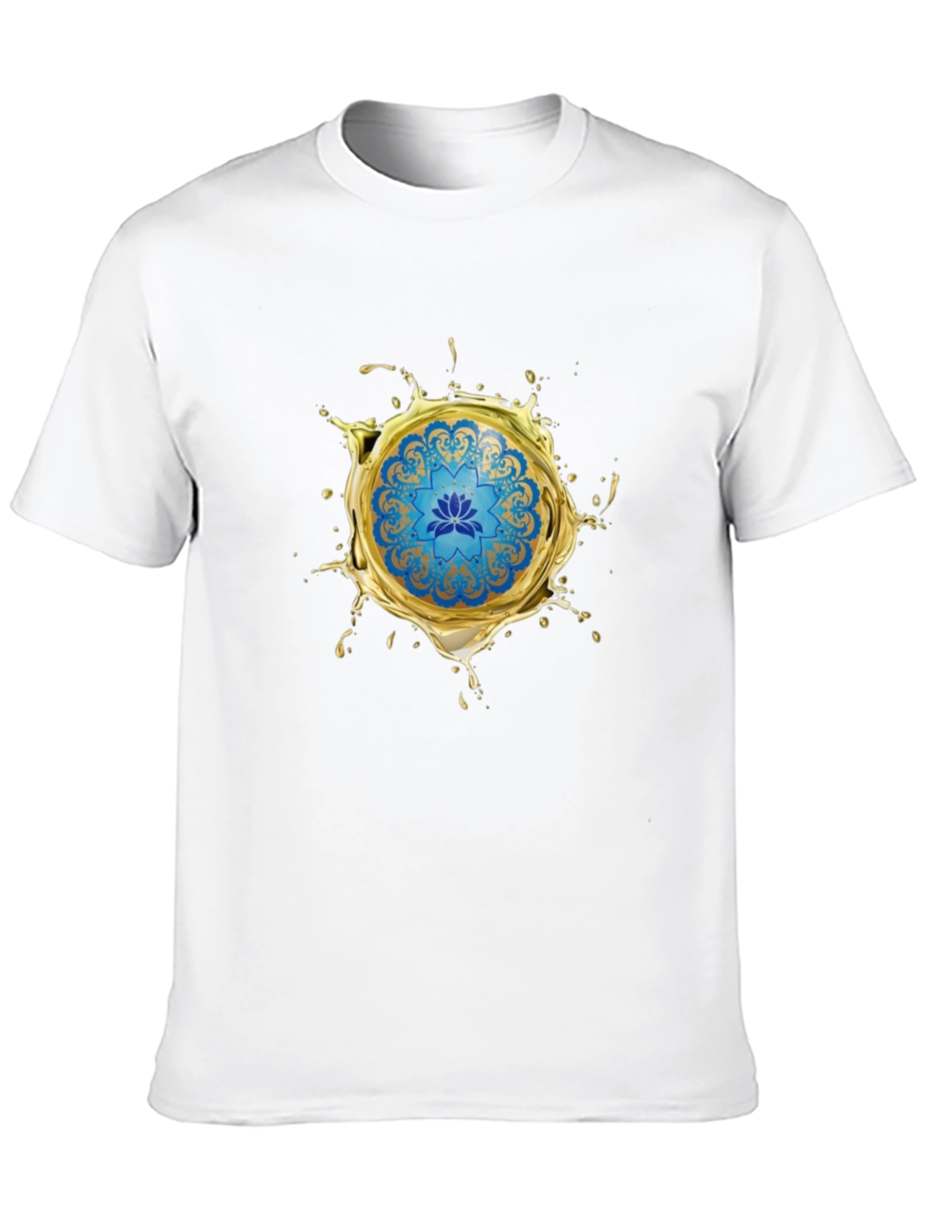 Blue Lotus Mandala Gold Splash Black T-Shirt
