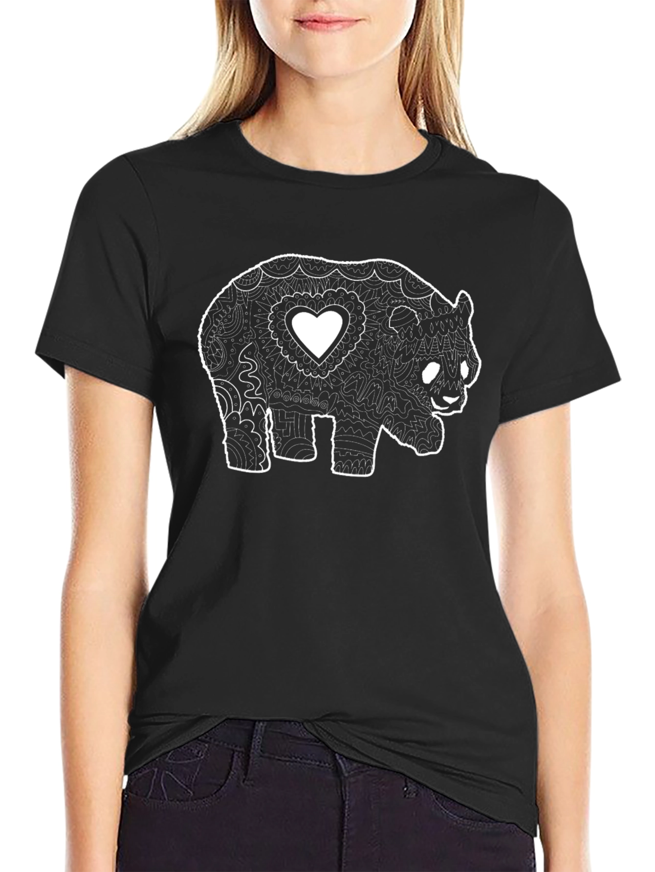 Panda Bear Heart Graphic Black Tee