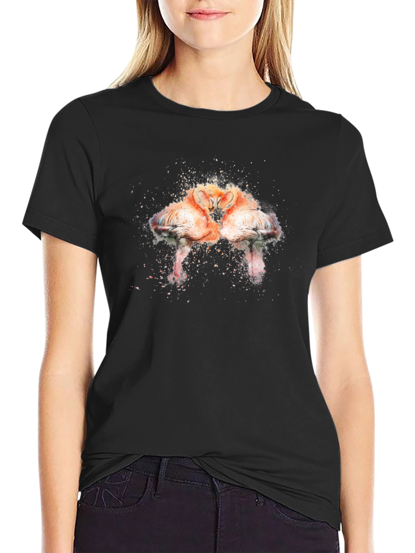 Flamingo Kiss Graphic Tee - Soft Black Cotton