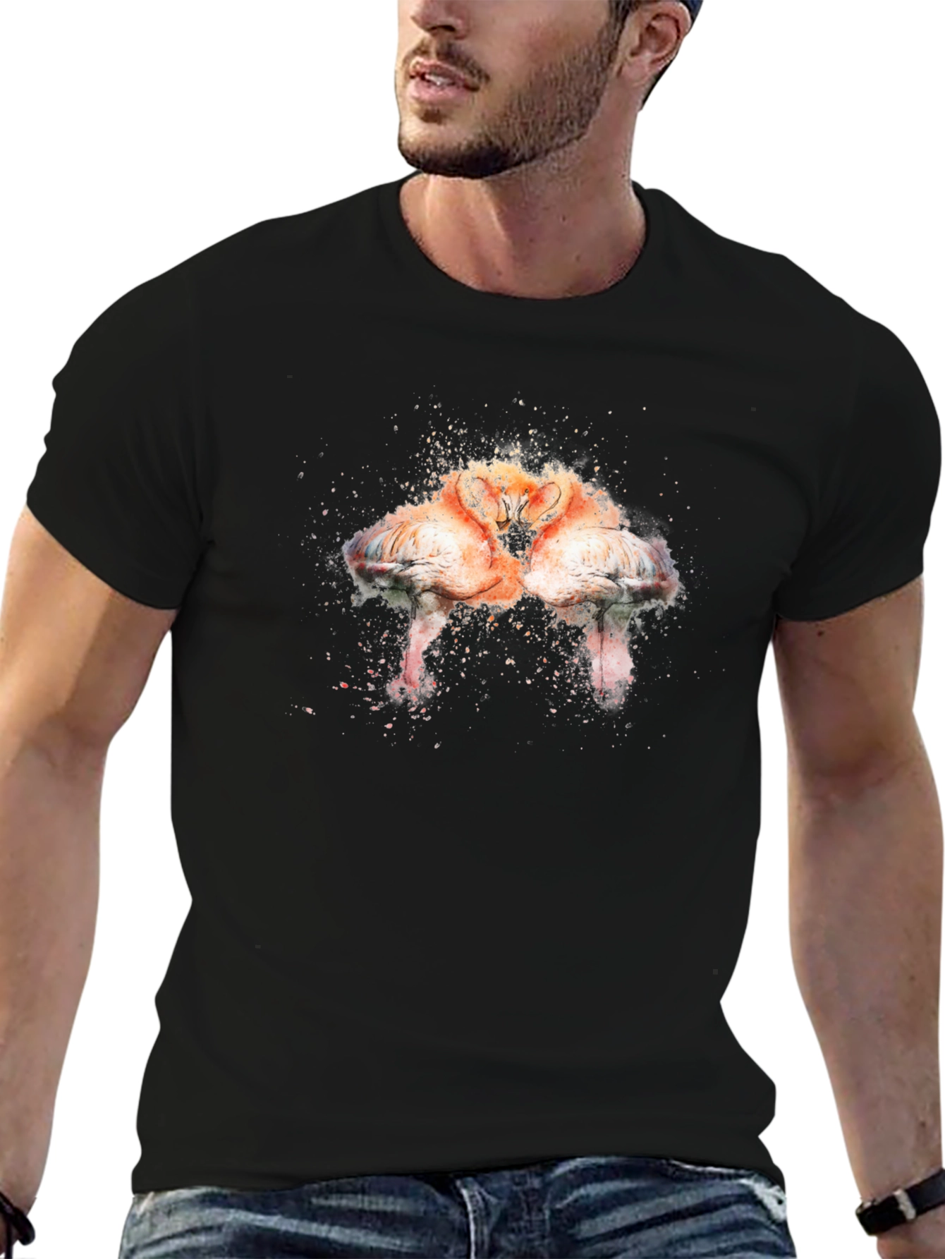 Flamingo Kiss Graphic Tee - Soft Black Cotton