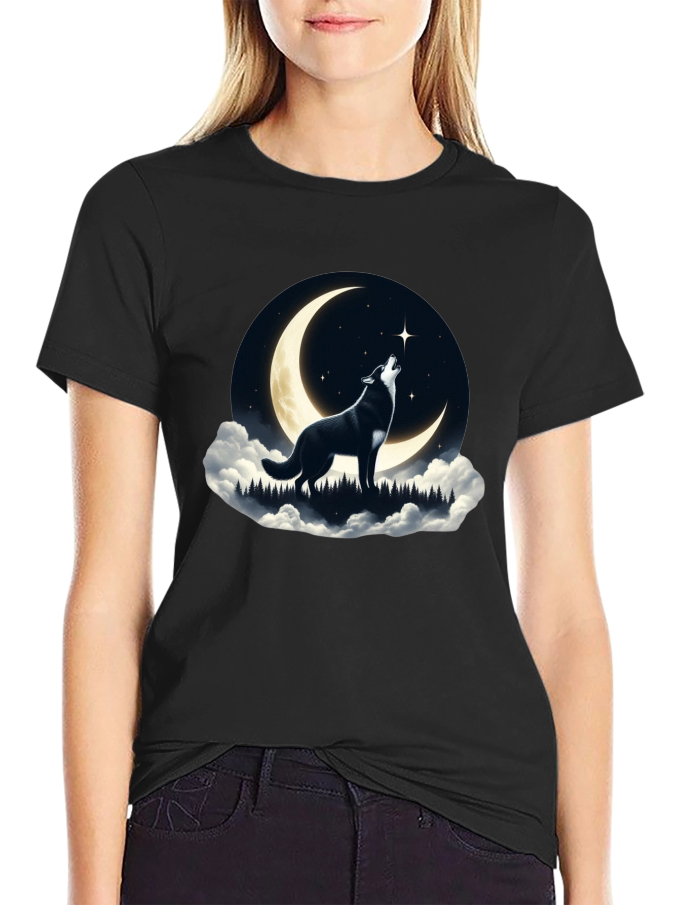 Wolf Howling at Moon Graphic Tee - Black