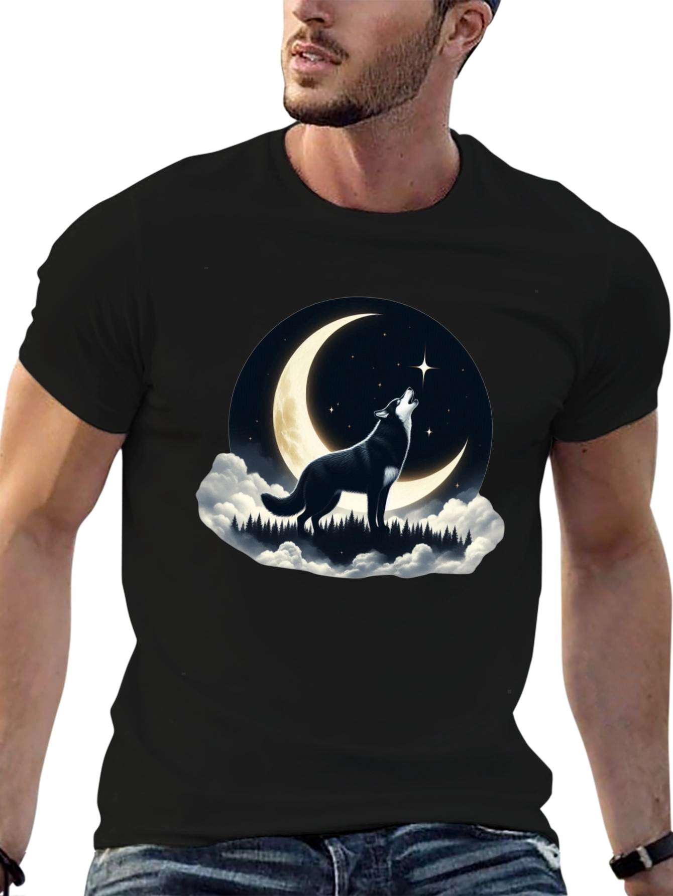 Wolf Howling at Moon Graphic Tee - Black