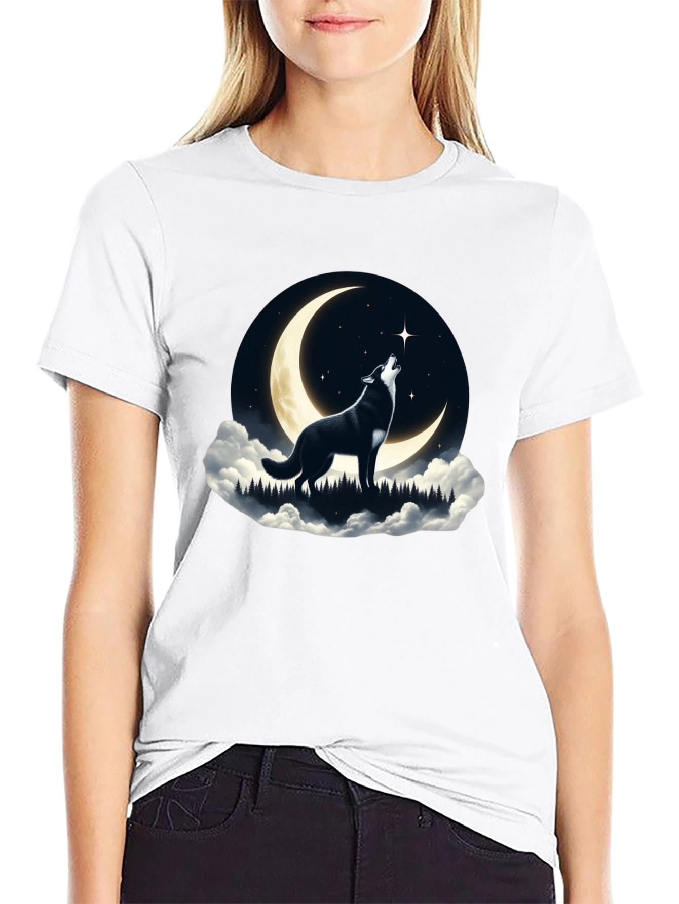 Wolf Howling at Moon Graphic Tee - Black