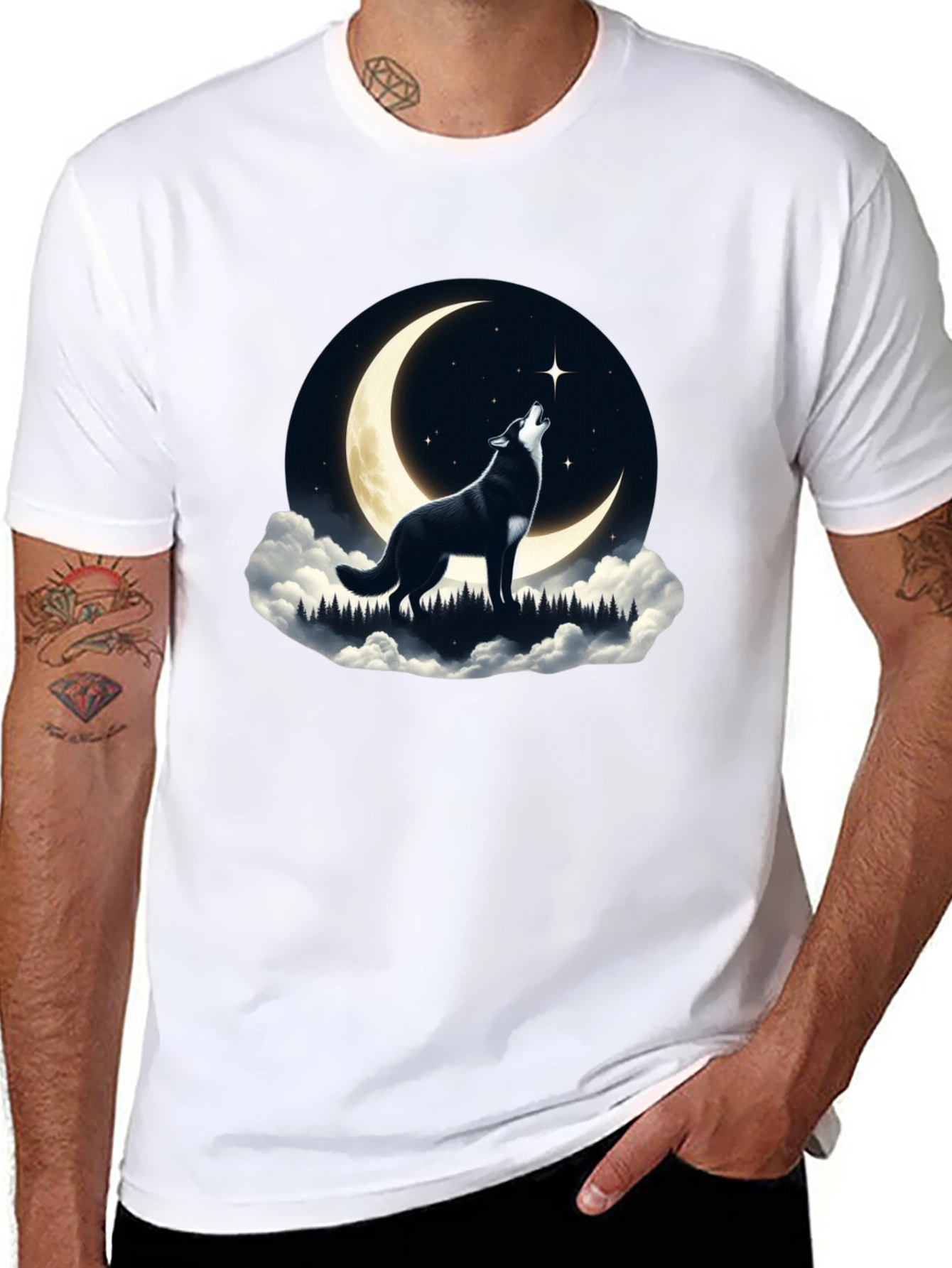 Wolf Howling at Moon Graphic Tee - Black
