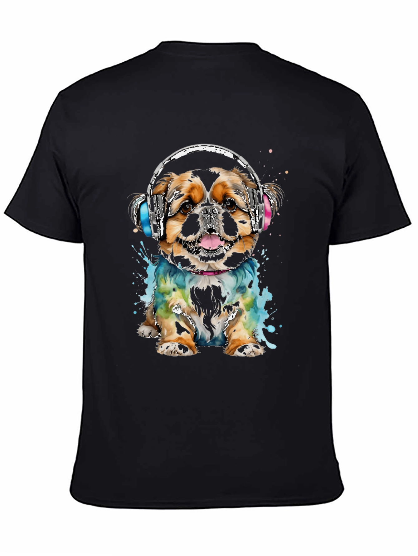 Dog with Headphones Graphic Tee - Black Cotton T-Shirt