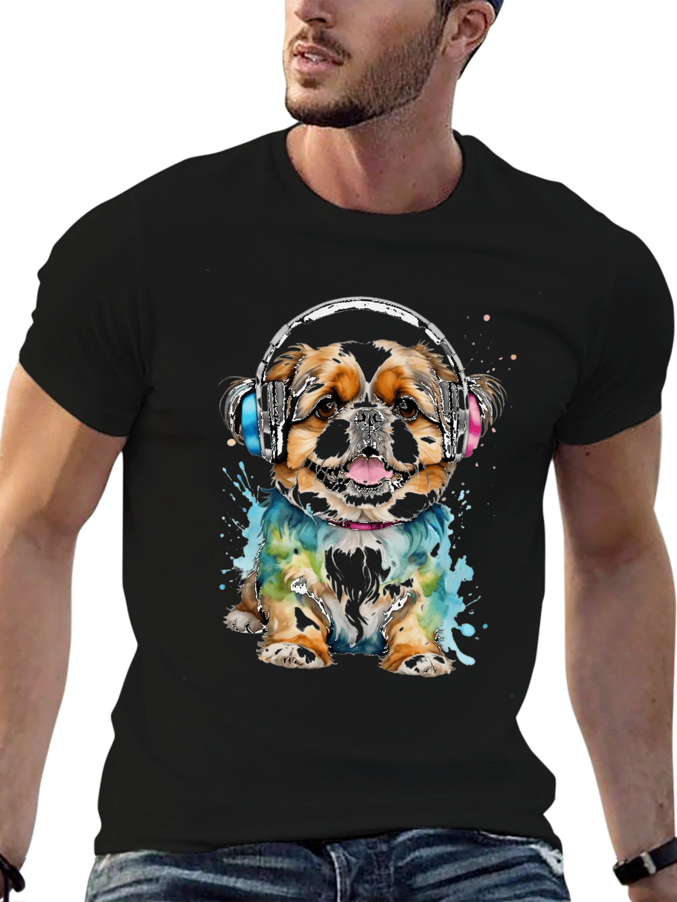 Dog with Headphones Graphic Tee - Black Cotton T-Shirt