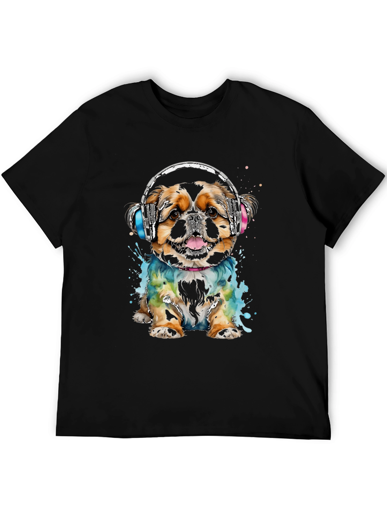 Dog with Headphones Graphic Tee - Black Cotton T-Shirt