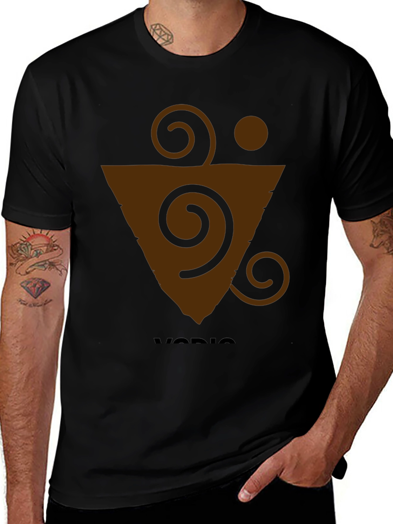 Geometric Brown Graphic Print Black T-Shirt
