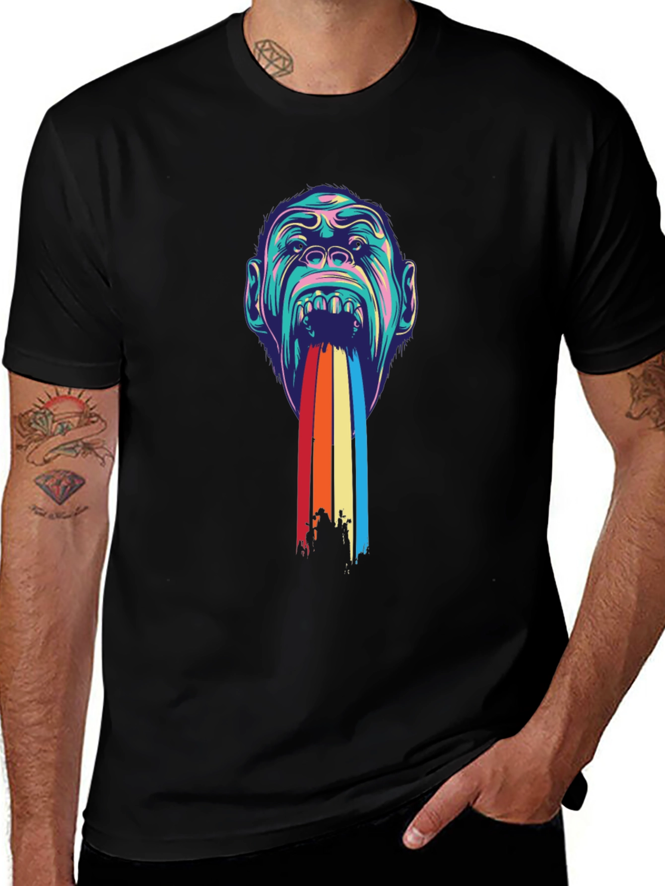 Psychedelic Monkey Rainbow Puke Graphic Tee - Black