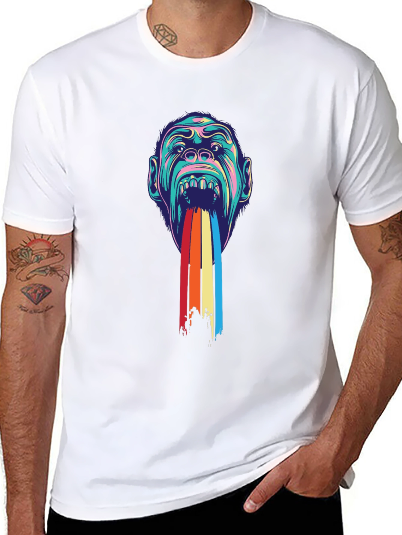 Psychedelic Monkey Rainbow Puke Graphic Tee - Black
