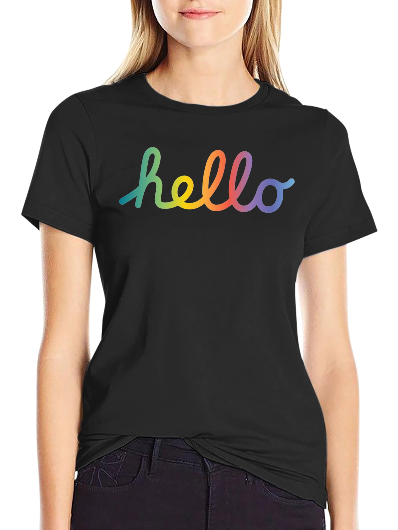 Rainbow Hello Graphic Black T-Shirt