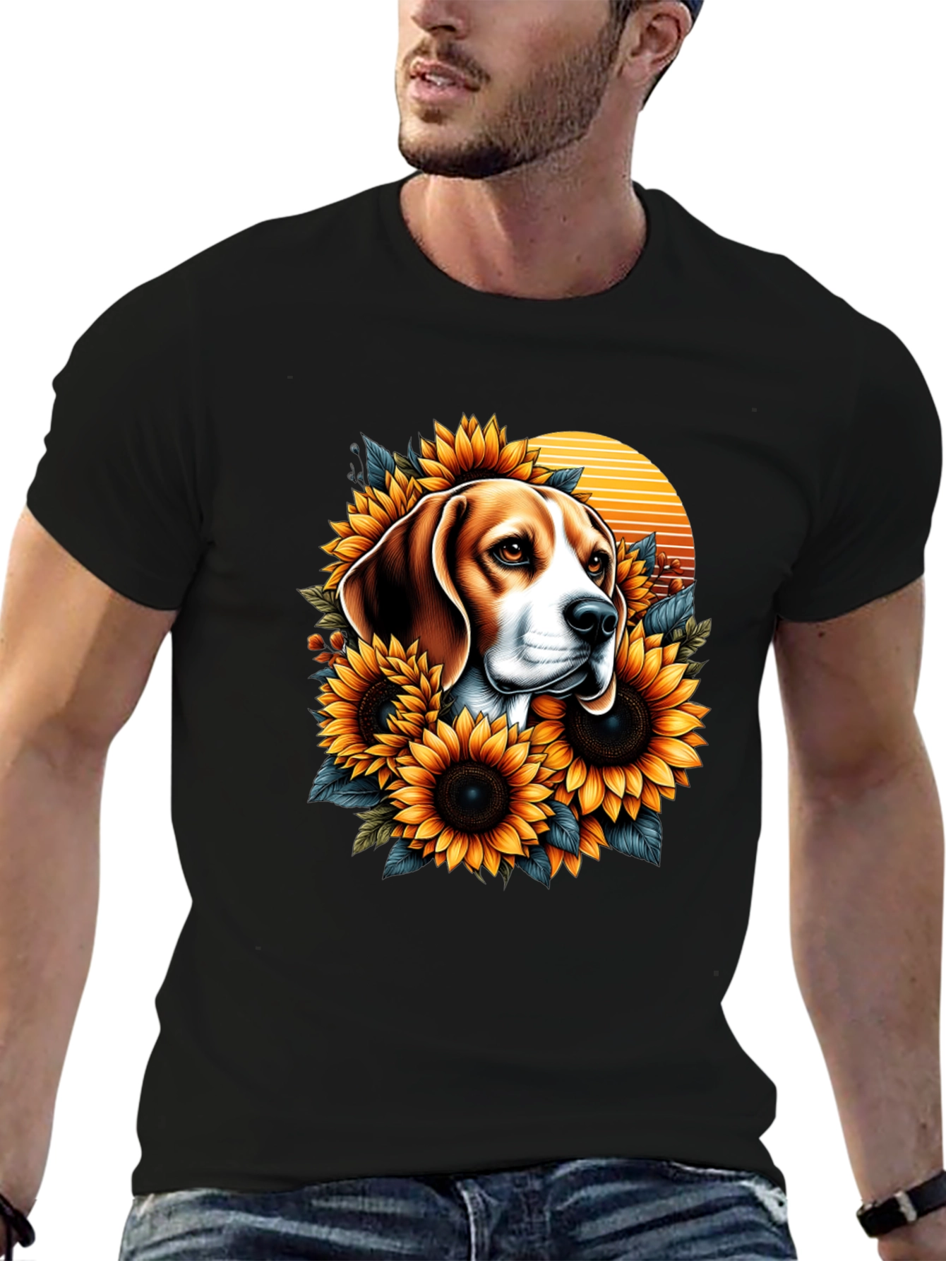 Dog and Sunflower Graphic T-Shirt