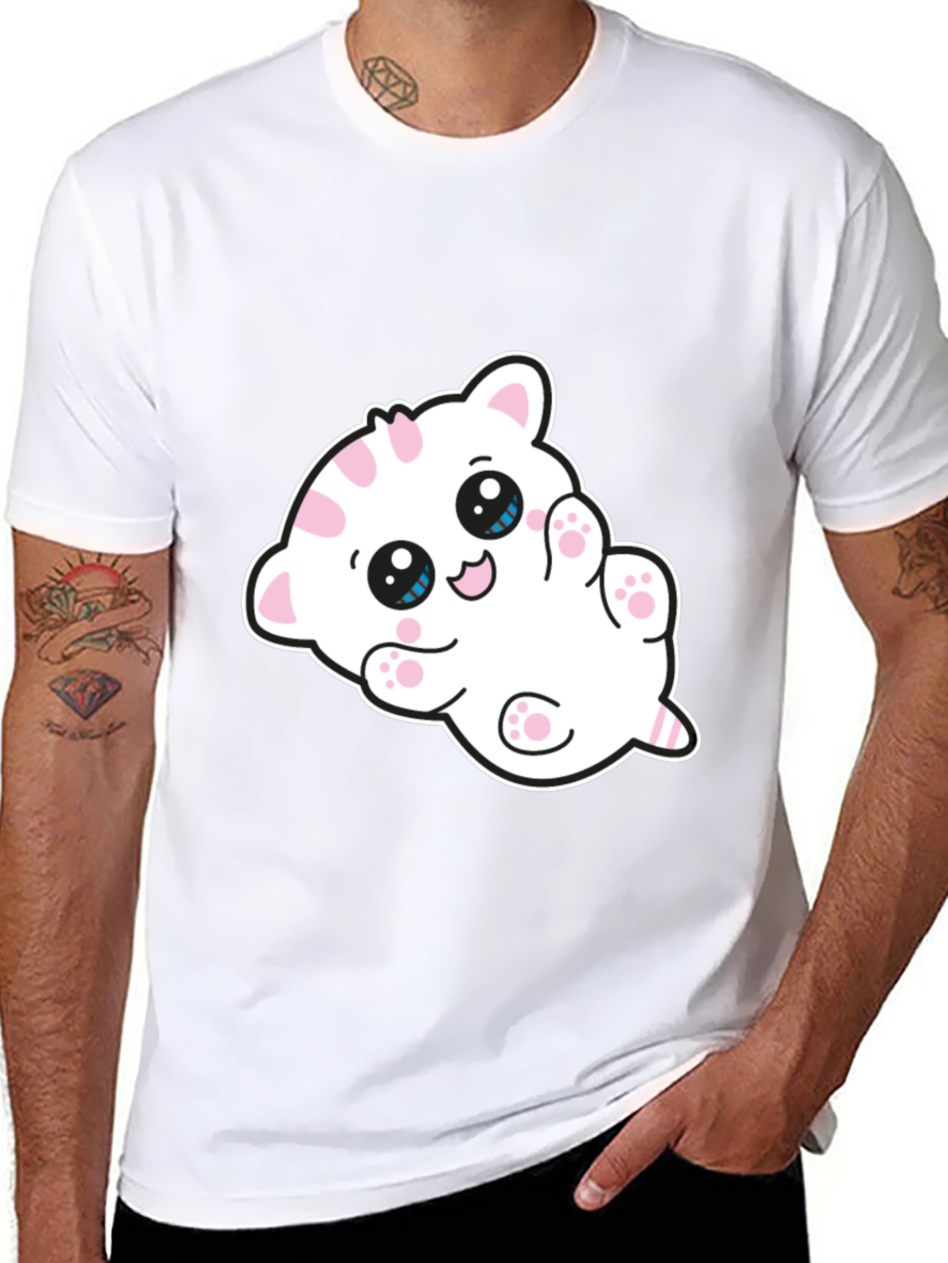 Cute Cartoon Kitten Graphic Black T-Shirt