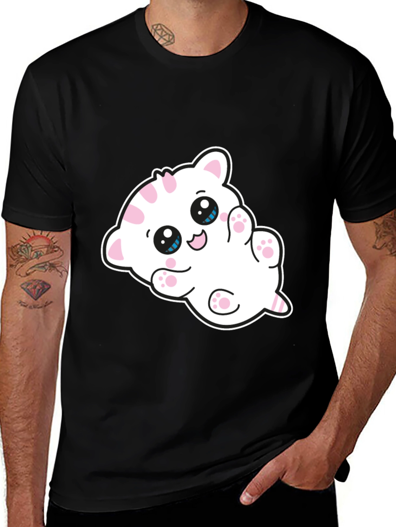 Cute Cartoon Kitten Graphic Black T-Shirt