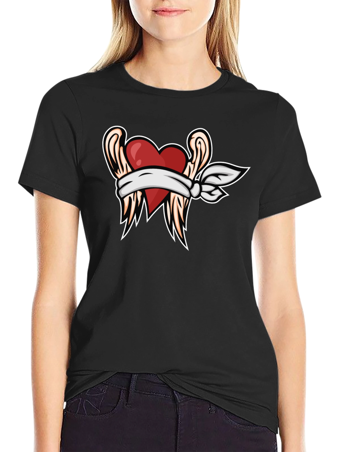Heart & Wings Graphic Tee - Black Casual T-Shirt
