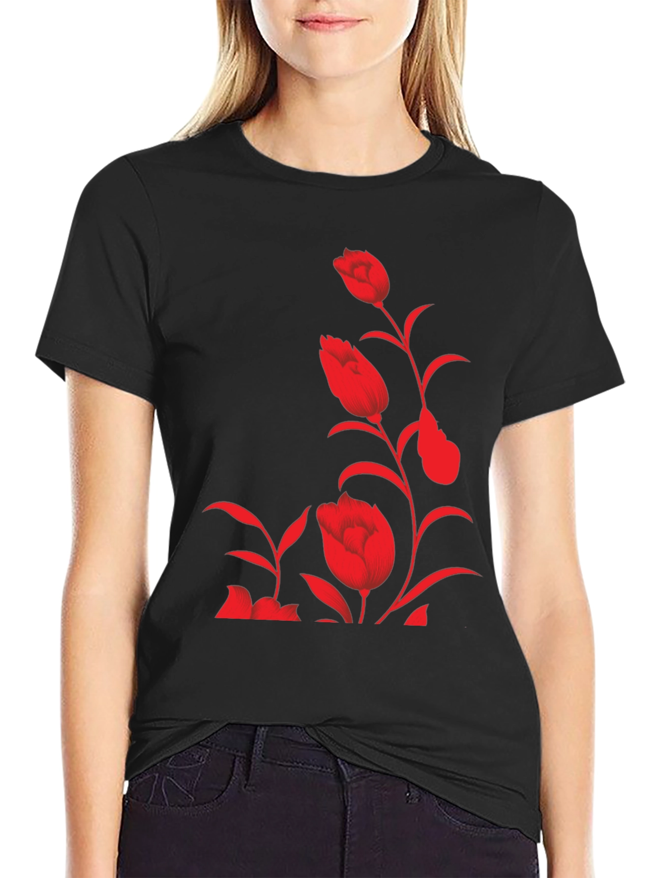 Floral Print Tee - Stylish Black T-Shirt