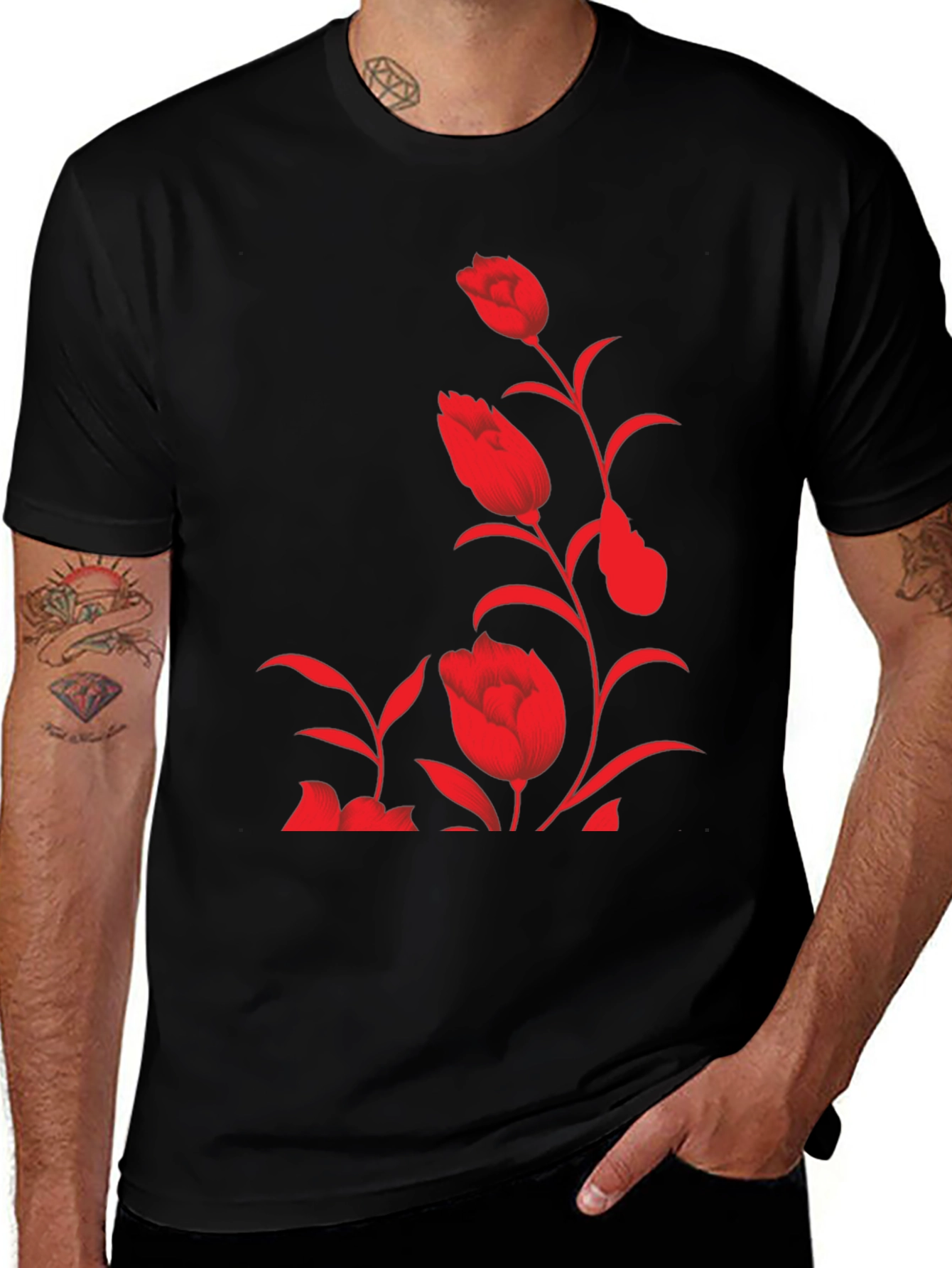 Floral Print Tee - Stylish Black T-Shirt