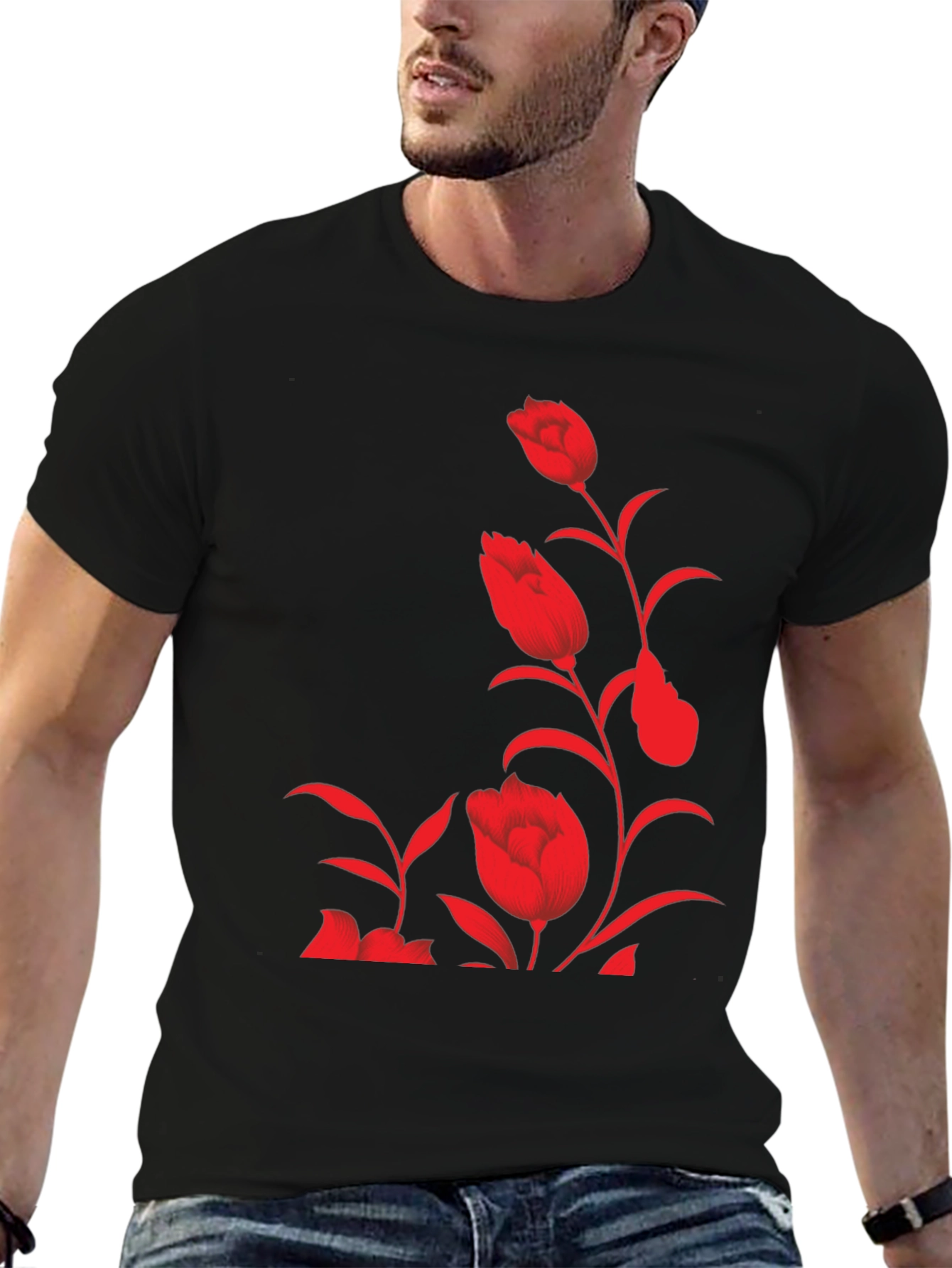 Floral Print Tee - Stylish Black T-Shirt