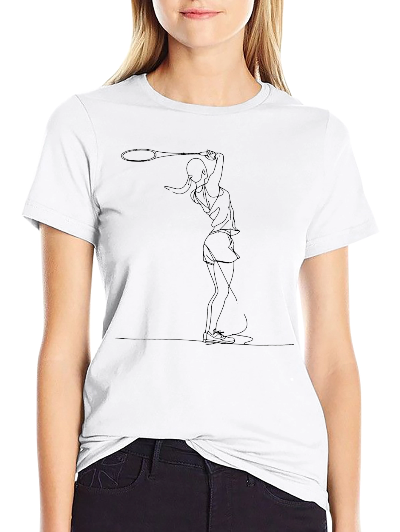 Tennis Player Line Art Black T-Shirt