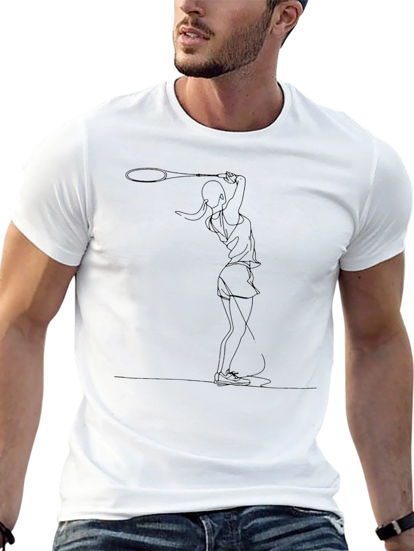 Tennis Player Line Art Black T-Shirt