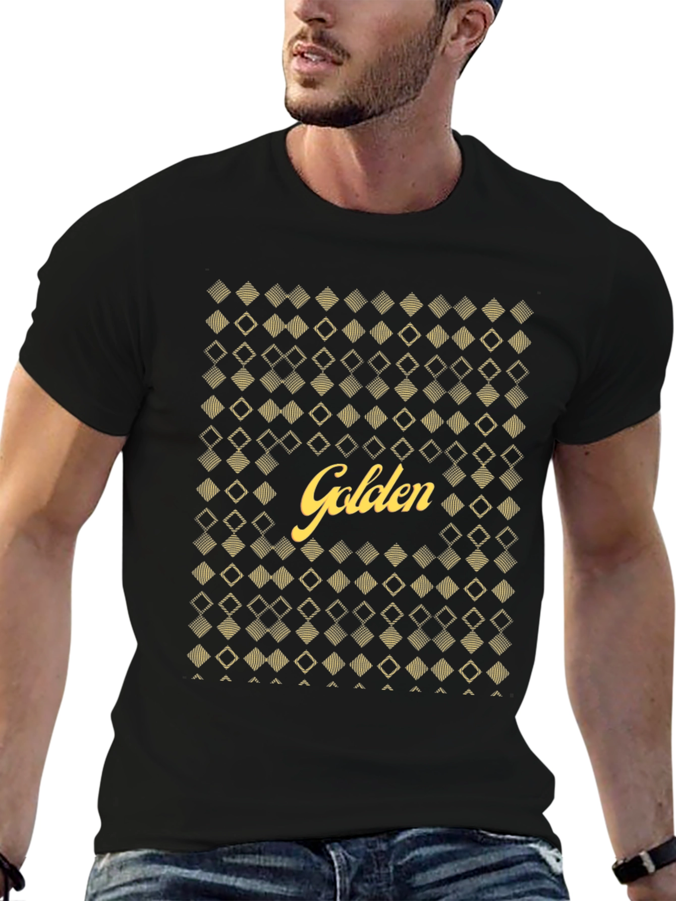 Golden Graphic Tee - Stylish Diamond Pattern T-Shirt