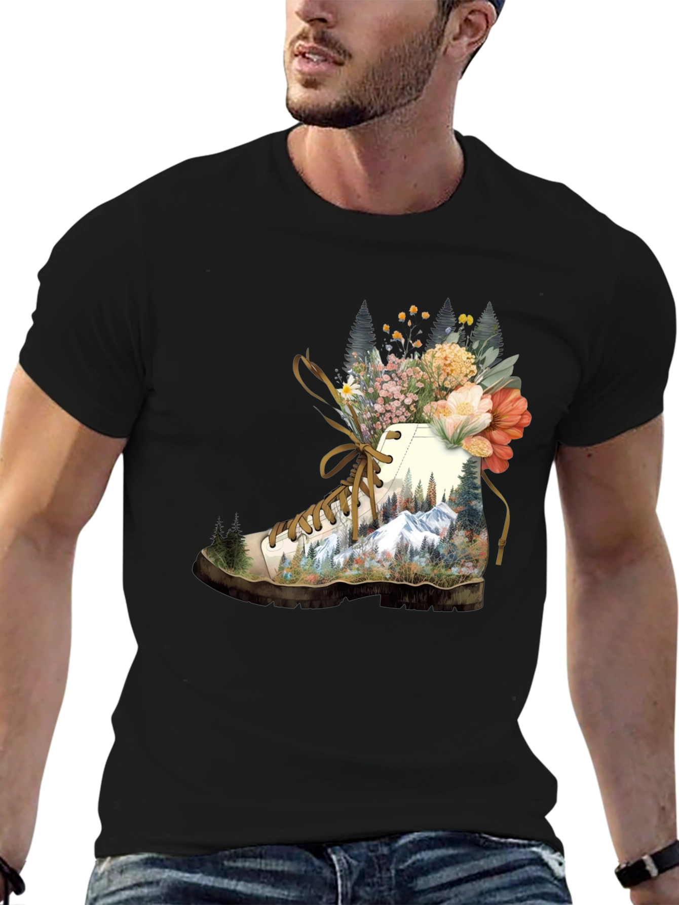Hiking Boot with Floral Mountainscape T-Shirt