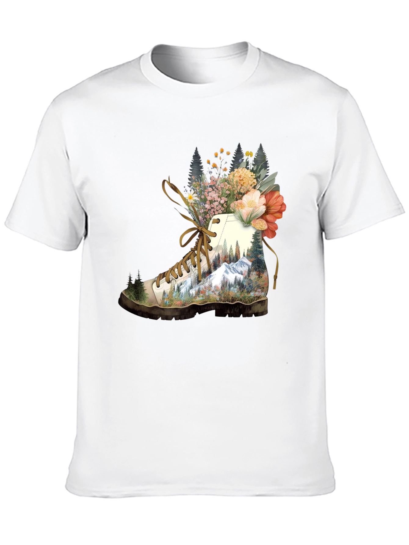 Hiking Boot with Floral Mountainscape T-Shirt