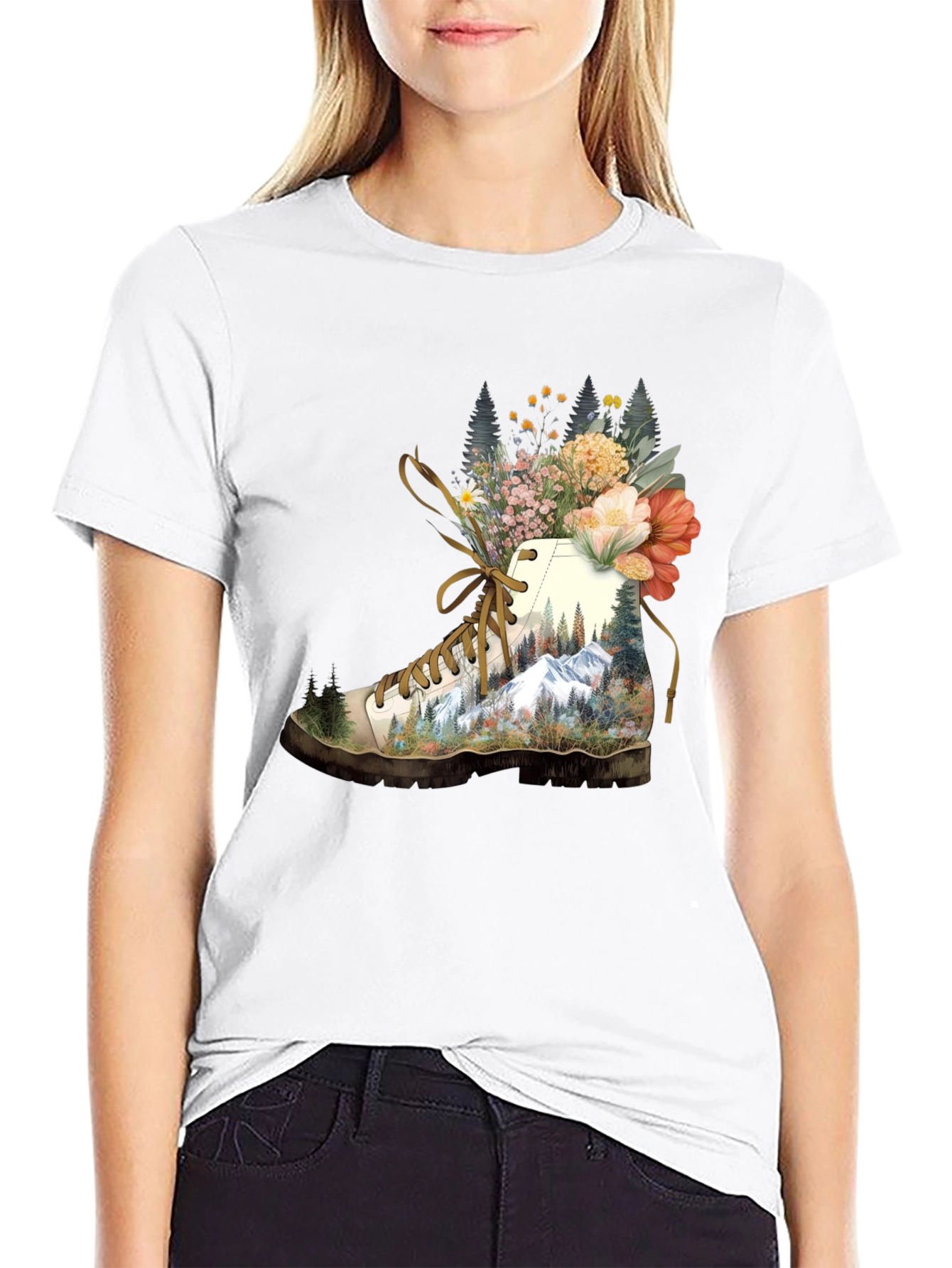 Hiking Boot with Floral Mountainscape T-Shirt