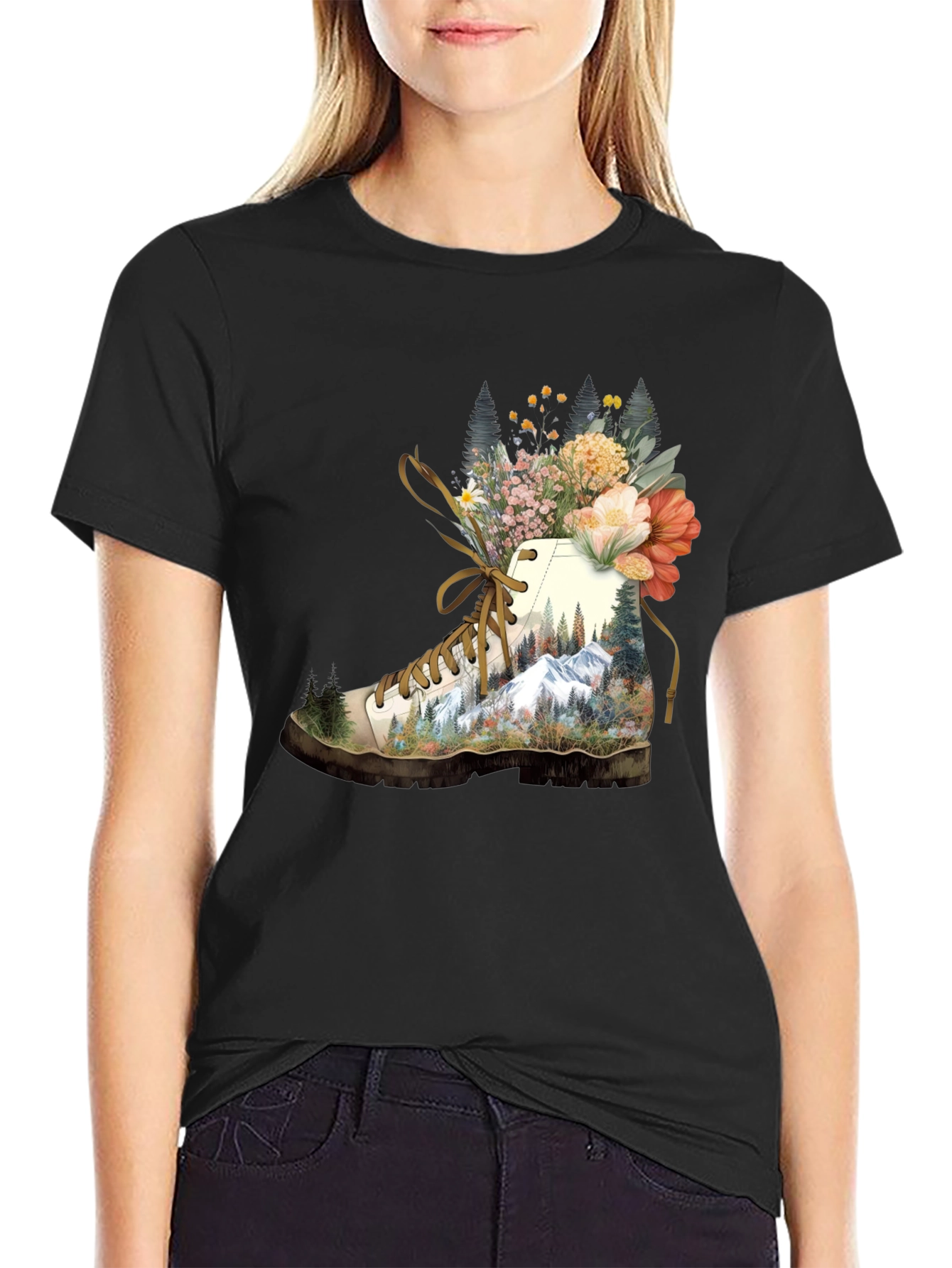 Hiking Boot with Floral Mountainscape T-Shirt