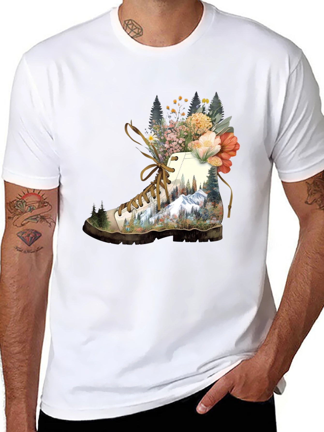 Hiking Boot with Floral Mountainscape T-Shirt