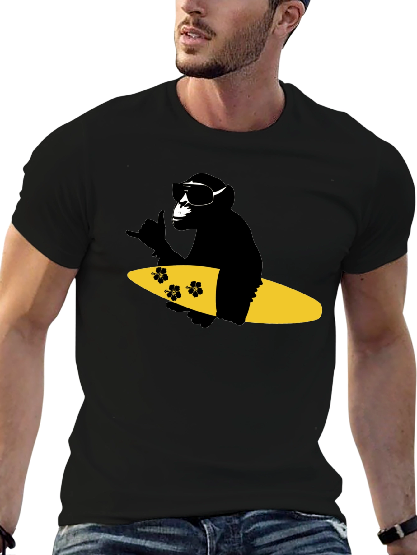 Surfing Monkey Graphic Tee - Black Cotton T-Shirt