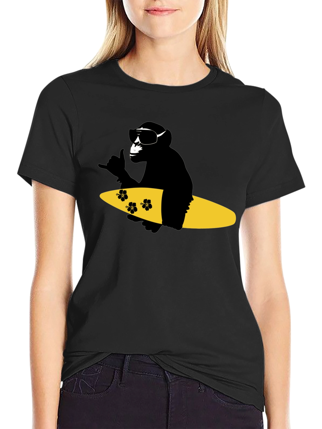 Surfing Monkey Graphic Tee - Black Cotton T-Shirt