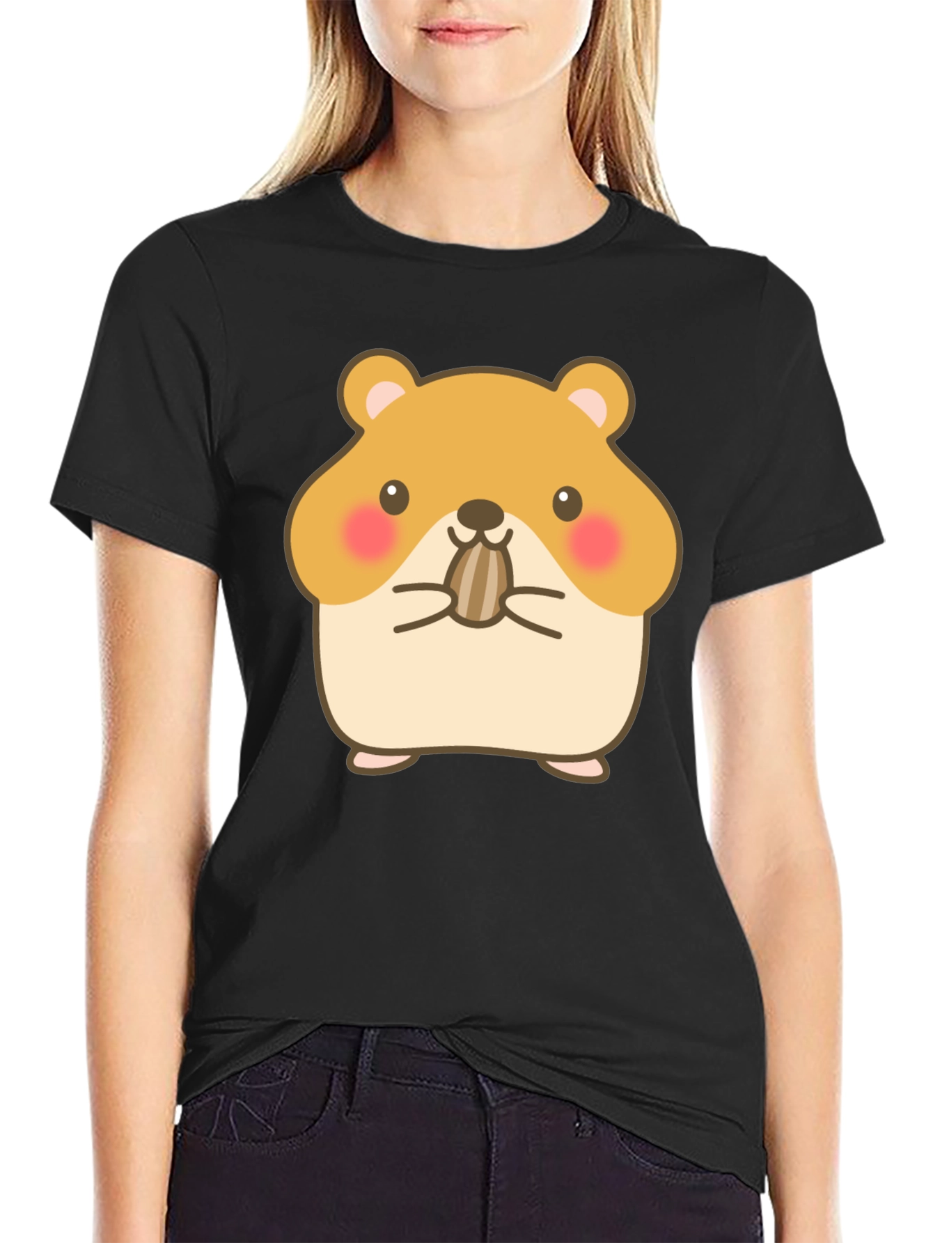 Cute Hamster Graphic Tee - Black Cotton T-Shirt