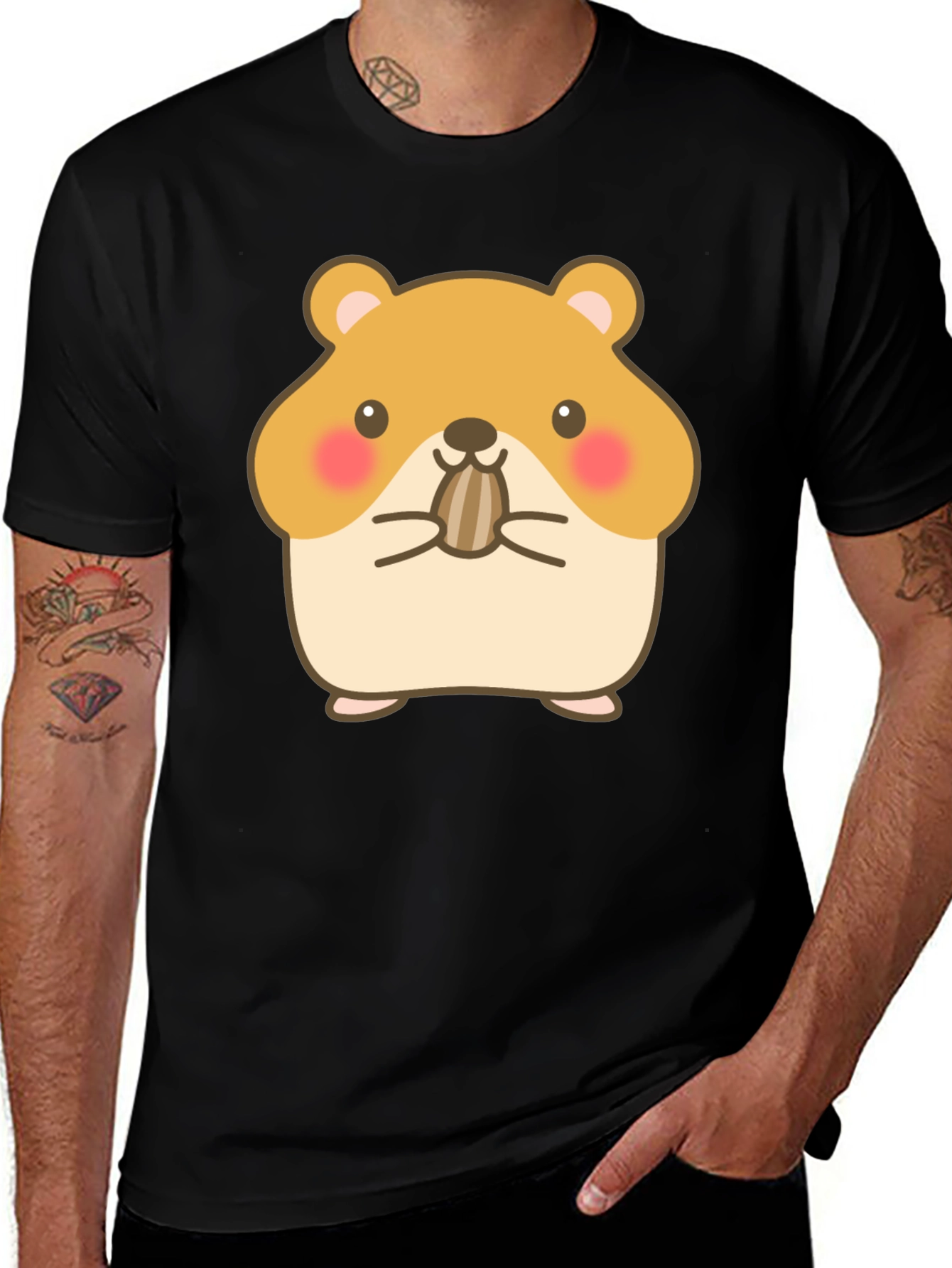 Cute Hamster Graphic Tee - Black Cotton T-Shirt