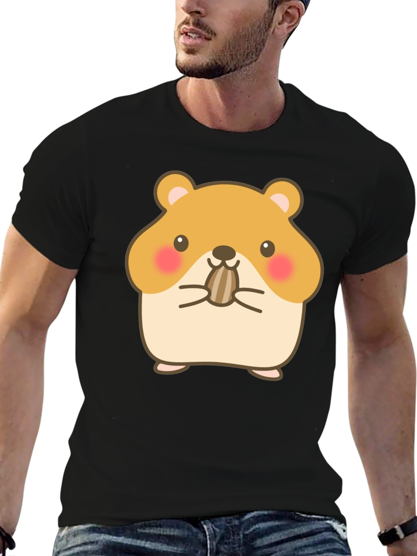 Cute Hamster Graphic Tee - Black Cotton T-Shirt