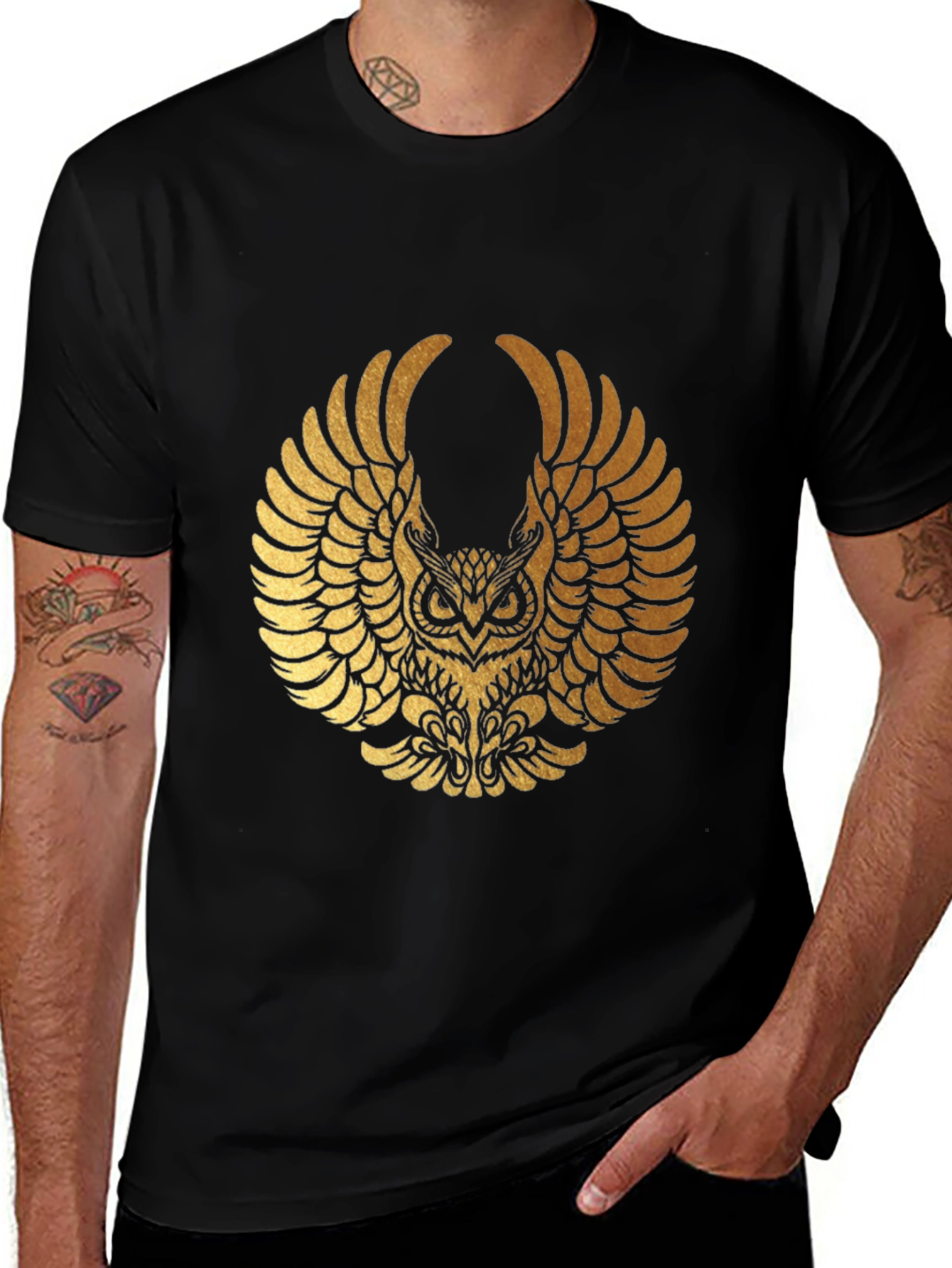 Mens Black T-shirt with Gold Owl Graphic