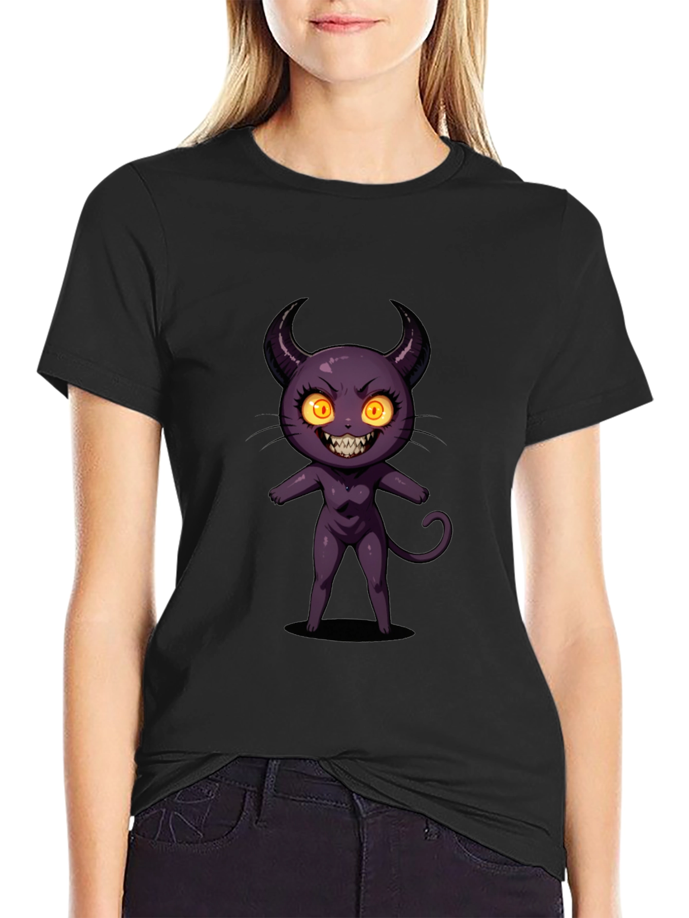 Cartoon Devil Graphic Tee - Black Cotton T-Shirt