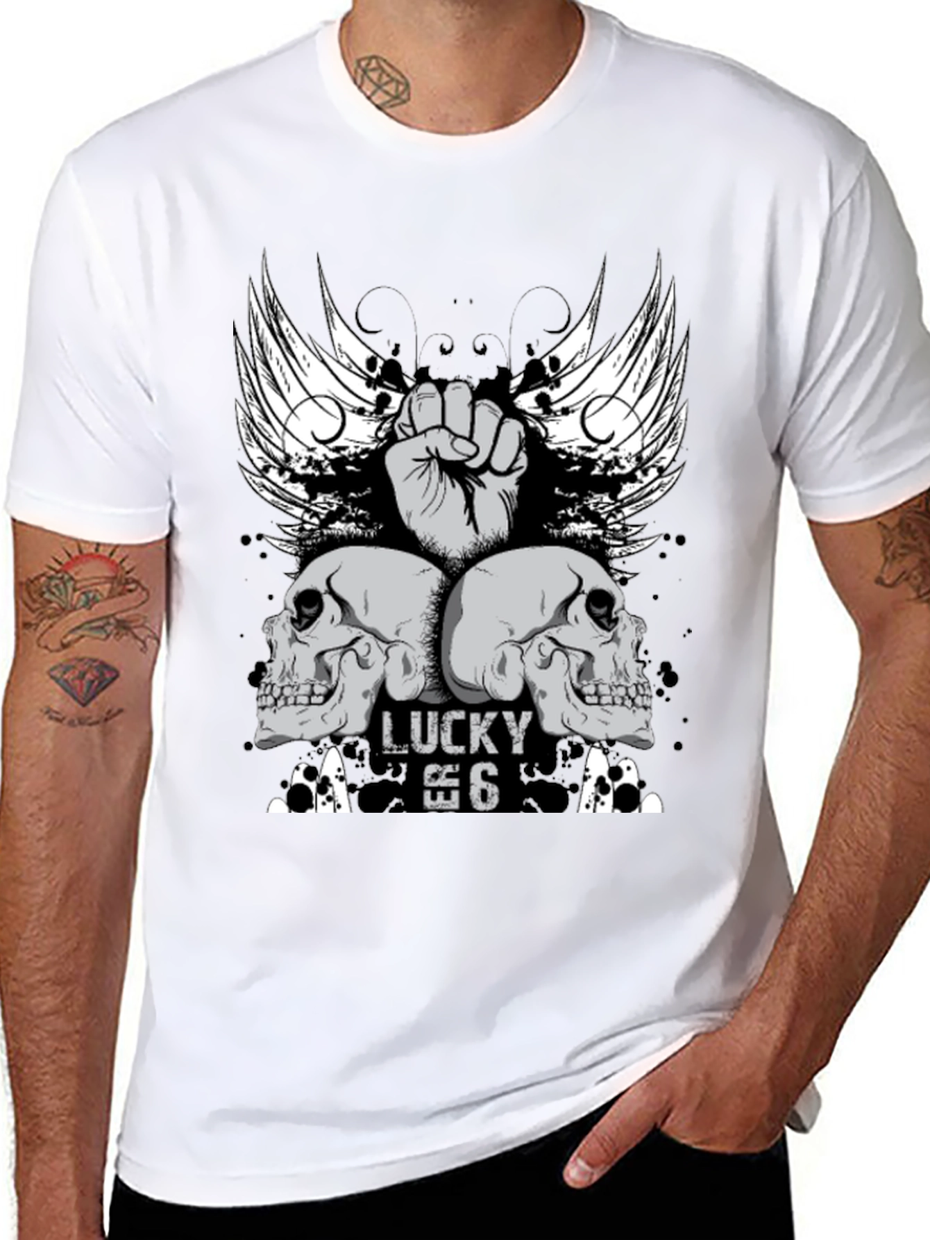 Lucky 6 Skull Wings Graphic T-Shirt