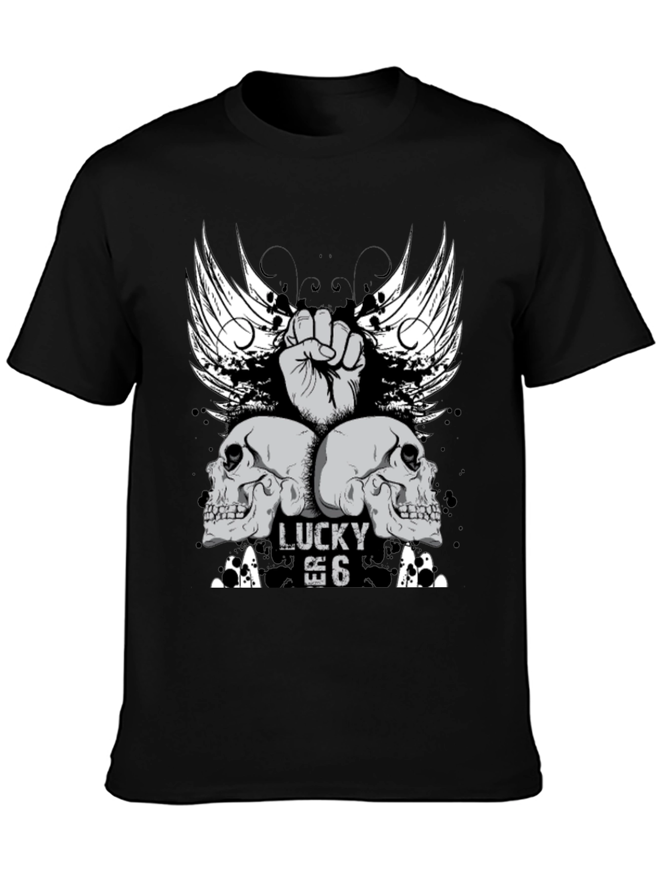 Lucky 6 Skull Wings Graphic T-Shirt