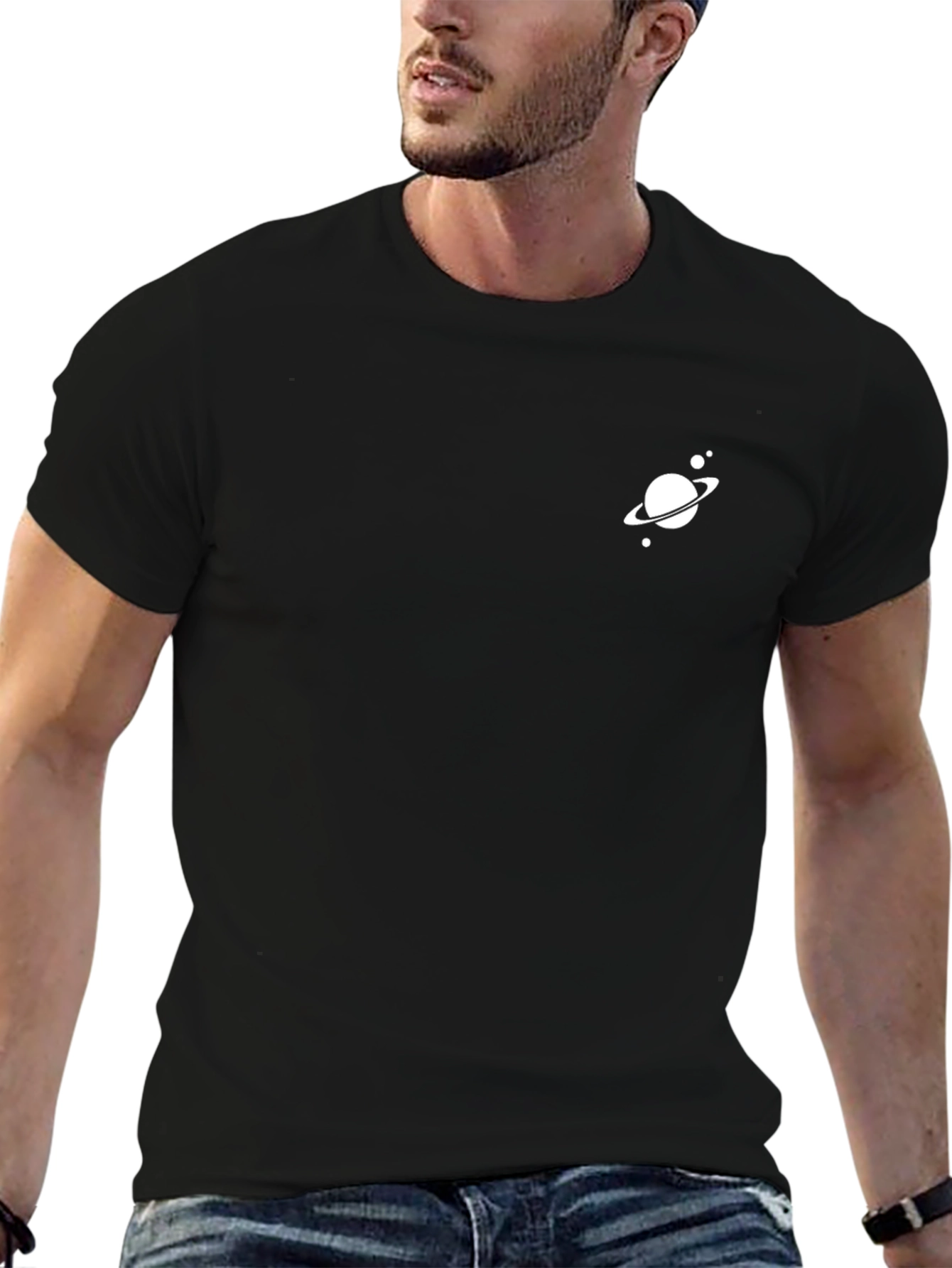 Modern Black T-Shirt with Planet Design