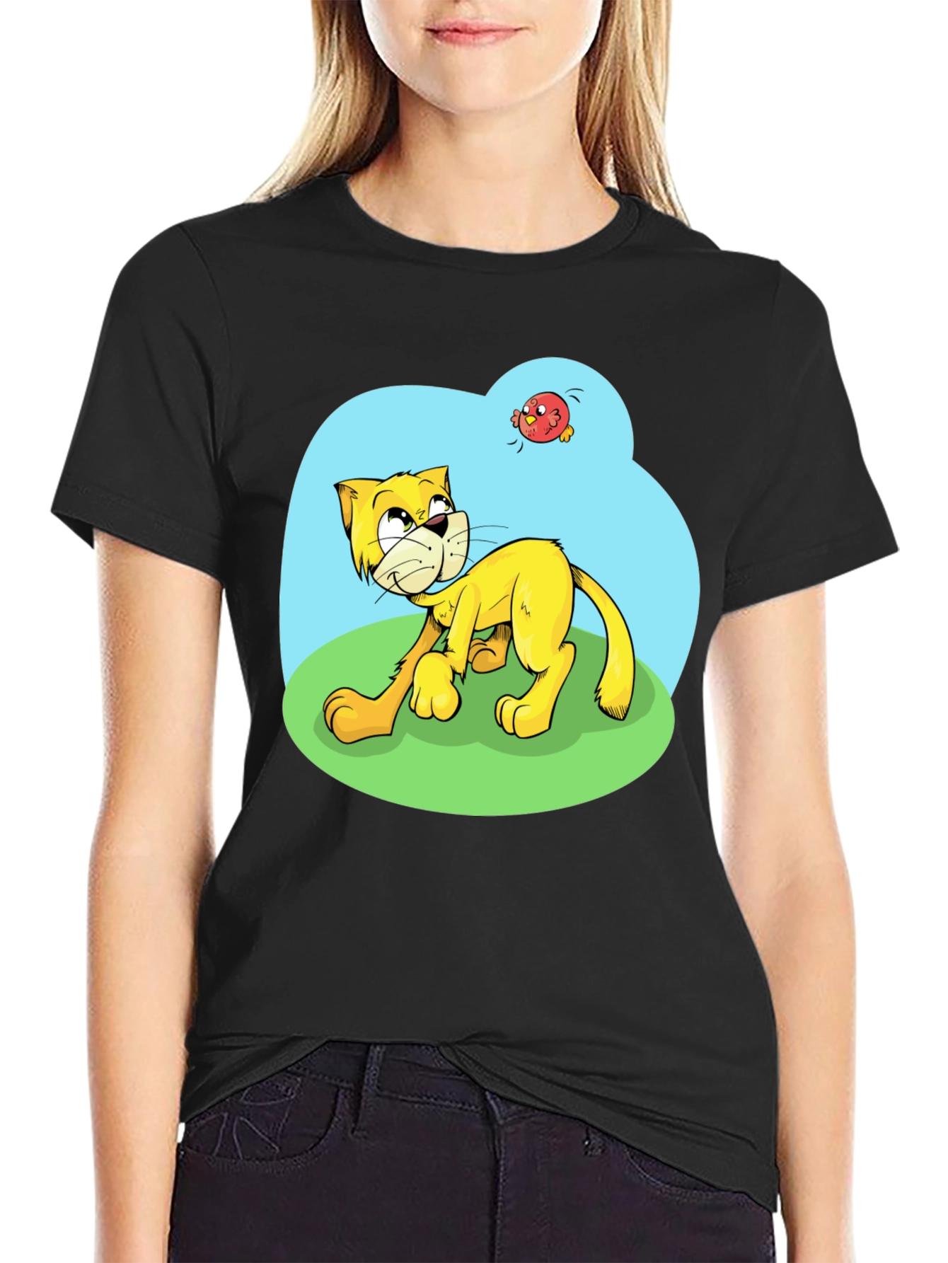 Cartoon Cat Graphic Tee - Black Casual T-Shirt