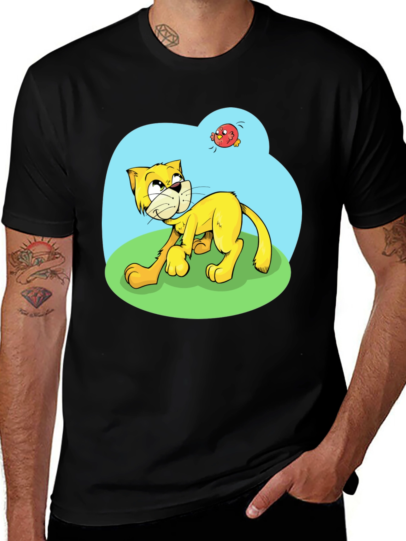 Cartoon Cat Graphic Tee - Black Casual T-Shirt