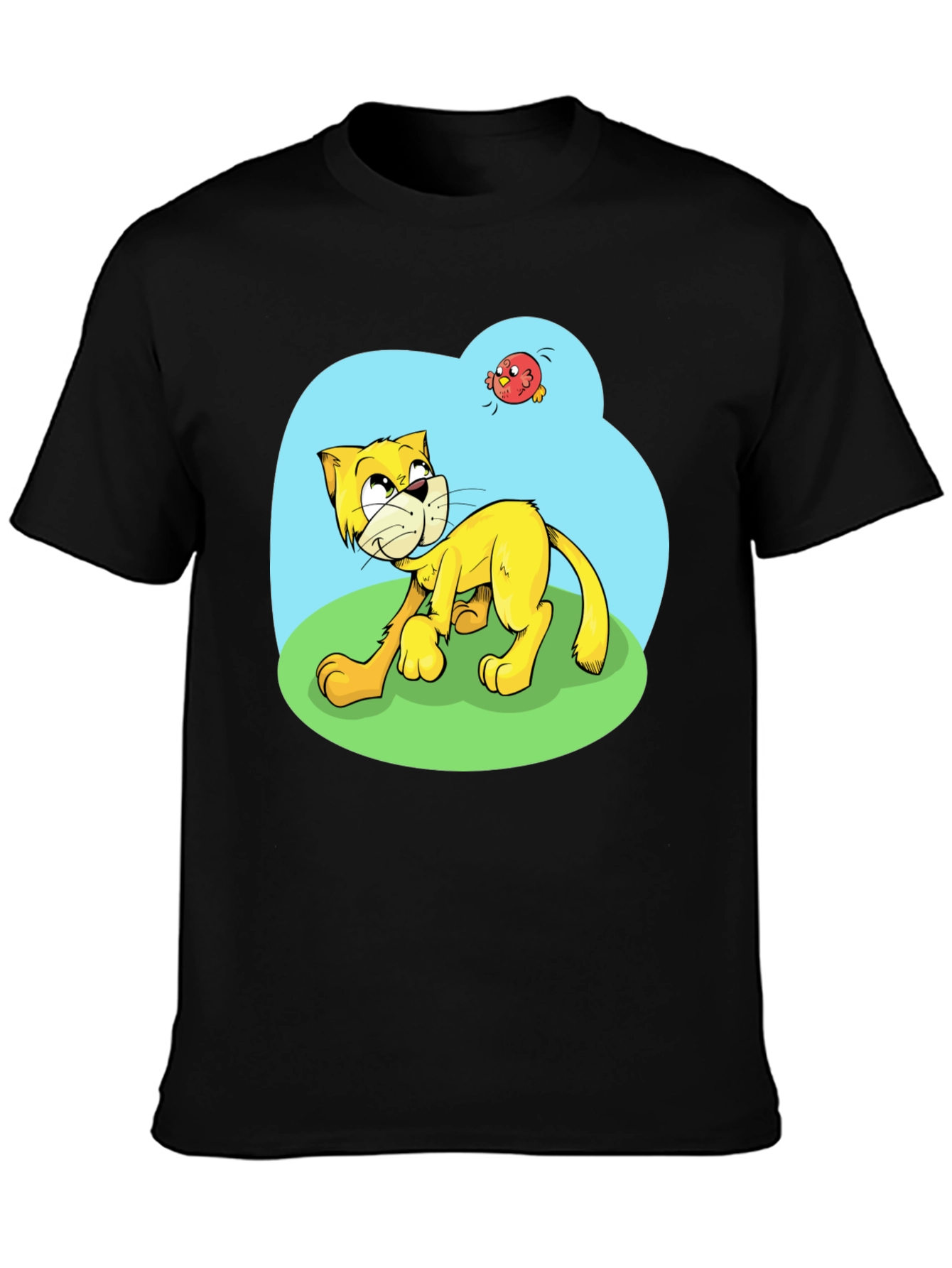 Cartoon Cat Graphic Tee - Black Casual T-Shirt