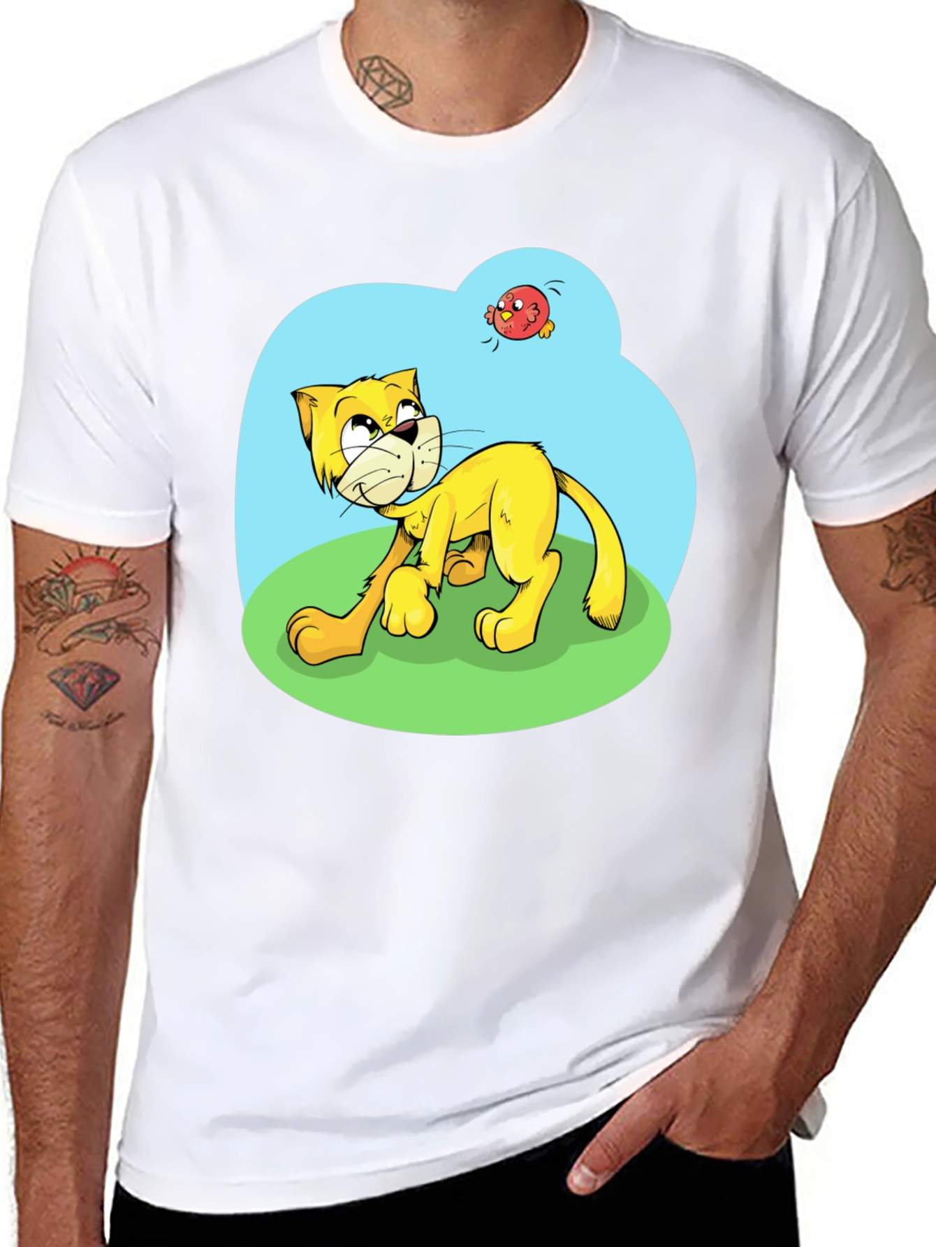 Cartoon Cat Graphic Tee - Black Casual T-Shirt